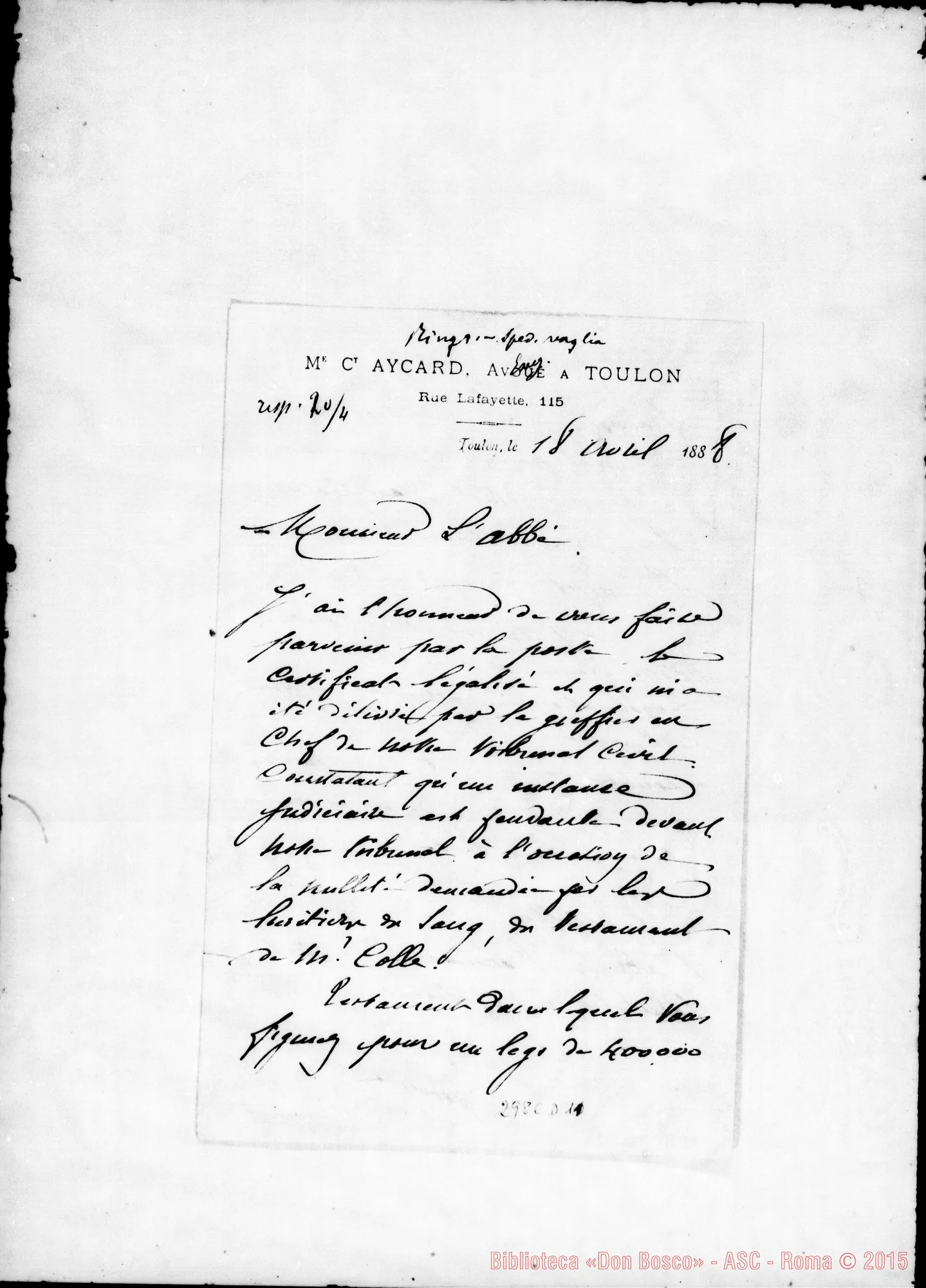 Fotogramma D 11 — M.T. Aycard - Monsieur l’Abbé. Toulon, 18-04-1888. Autogr. Rua