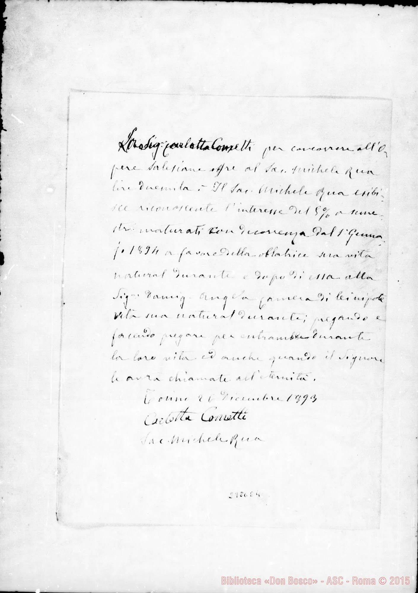 Fotogramma E 4 — Cornetti Carlotta: Per concorrere alle opere salesiane. Ms. Rua