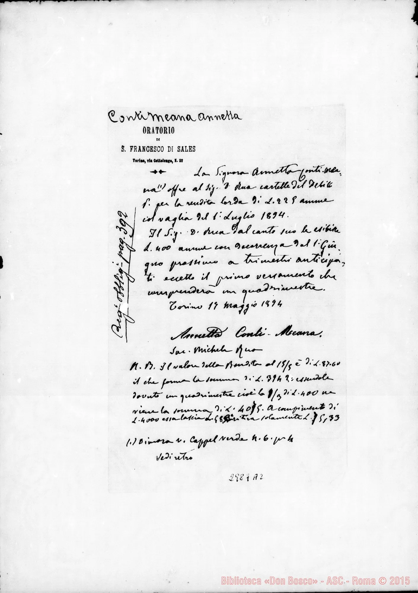 Fotogramma A 2 — Conti Meana Anna: Cartelle di debito pubblico. Ms. autogr. Rua. 21-06-1894