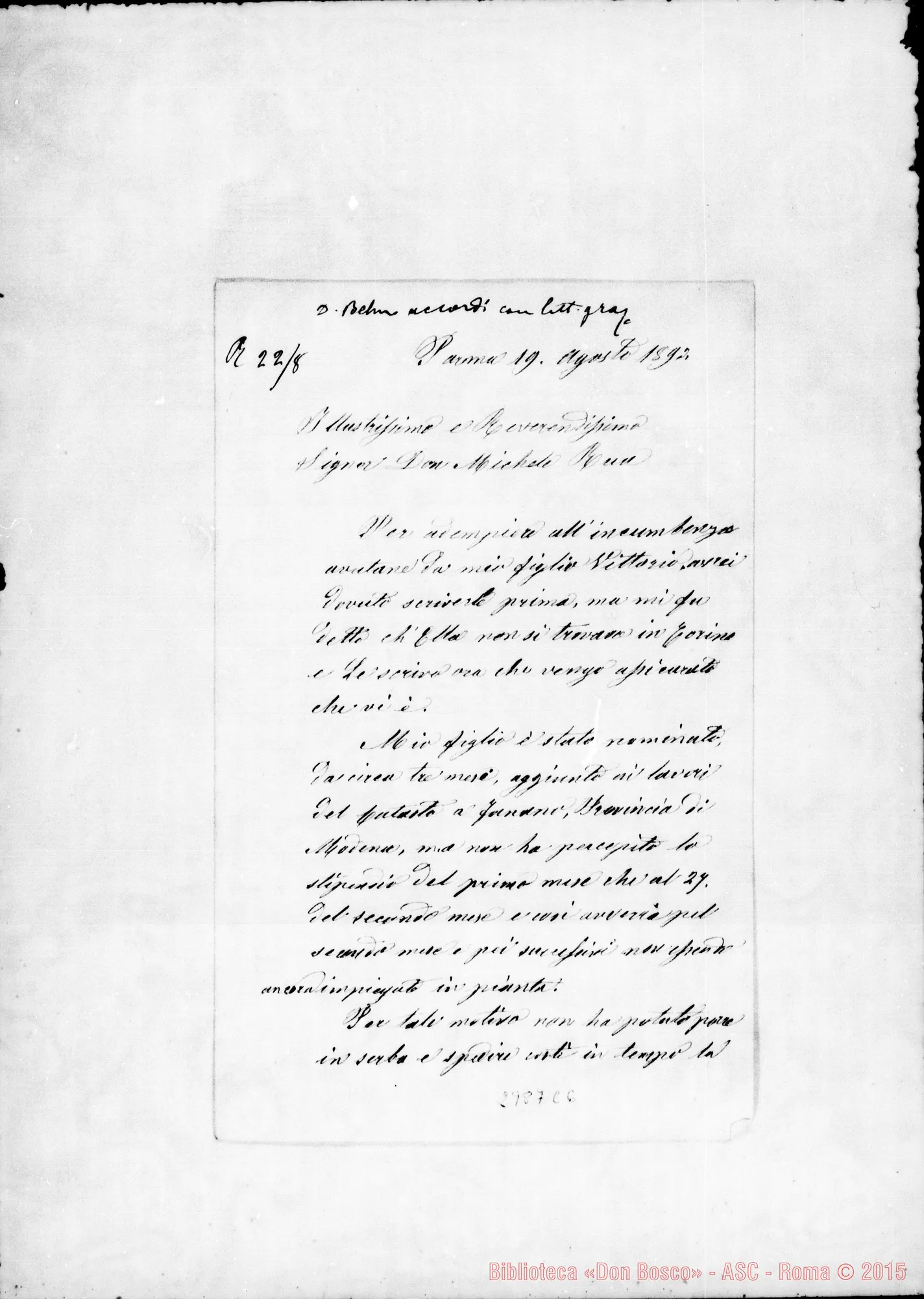 Fotogramma C 6 — Cova Callisto - D. Rua. Parma, 19-08-1892. Autogr. Rua