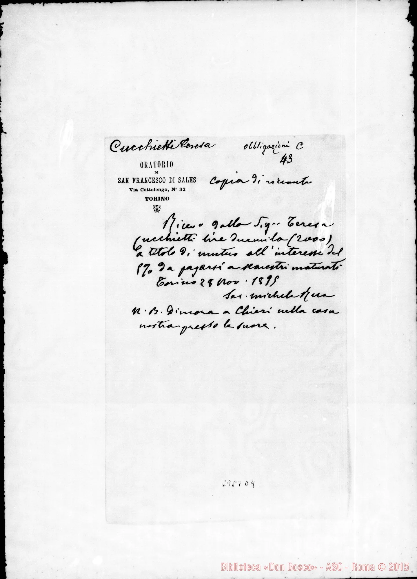 Fotogramma D 4 — Cucchietti Teresa: Copia di ricevuta. Ms. autogr. Rua. Torino, 28-11-1895