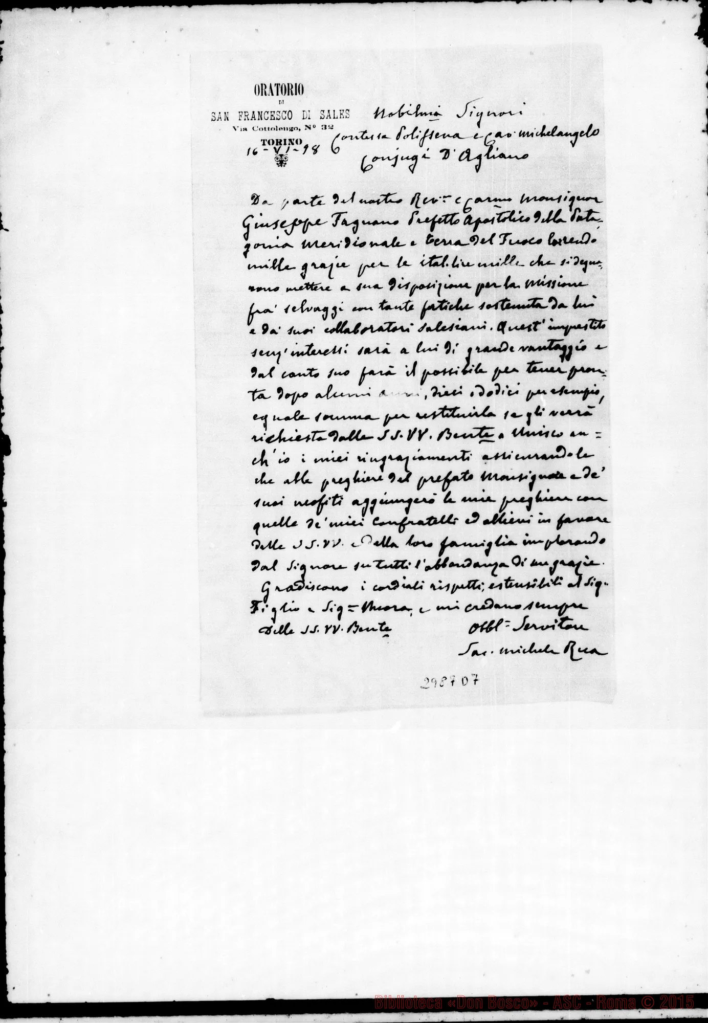 Fotogramma D 7 — D’Agliano, coniugi: Grazie da D. Fagnano. Ms. autogr. Rua (due stesure), 1898
