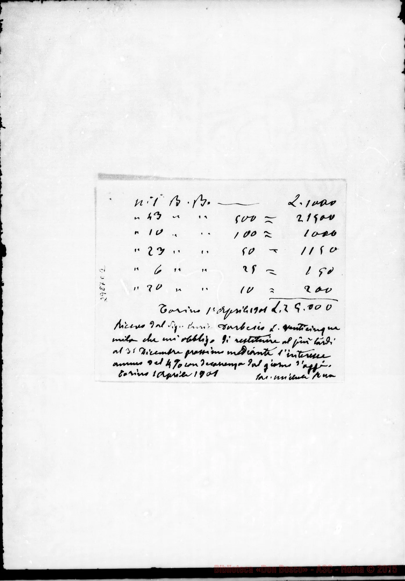 Fotogramma E 2 — Darbesio Enrico: Ricevuta per denaro in prestito. Ms. autogr. Rua. Apr.1904