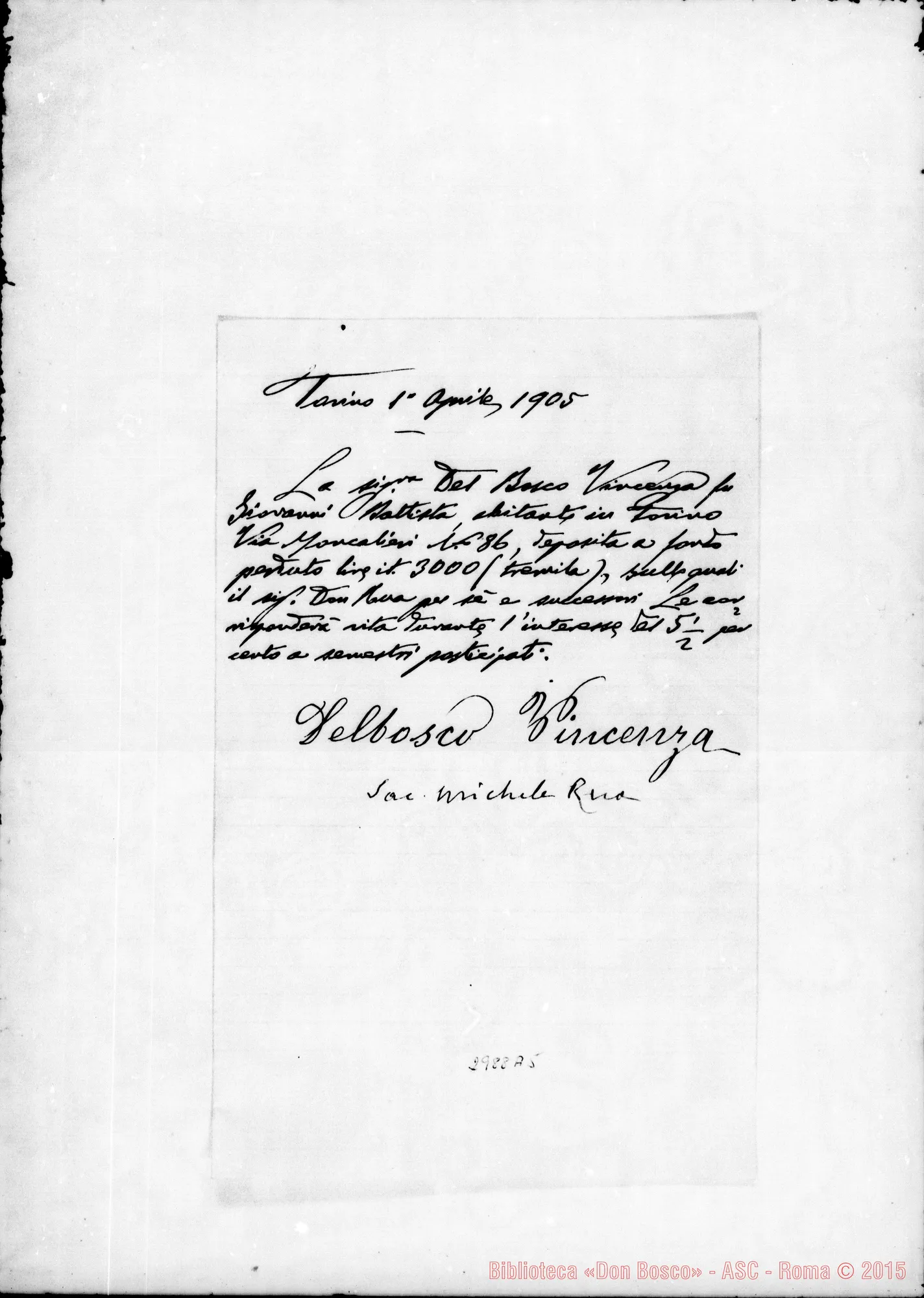 Fotogramma A 5 — Delbosco Vincenza: Deposito A fondo perduto. Firma autogr. Rua. Apr.1905