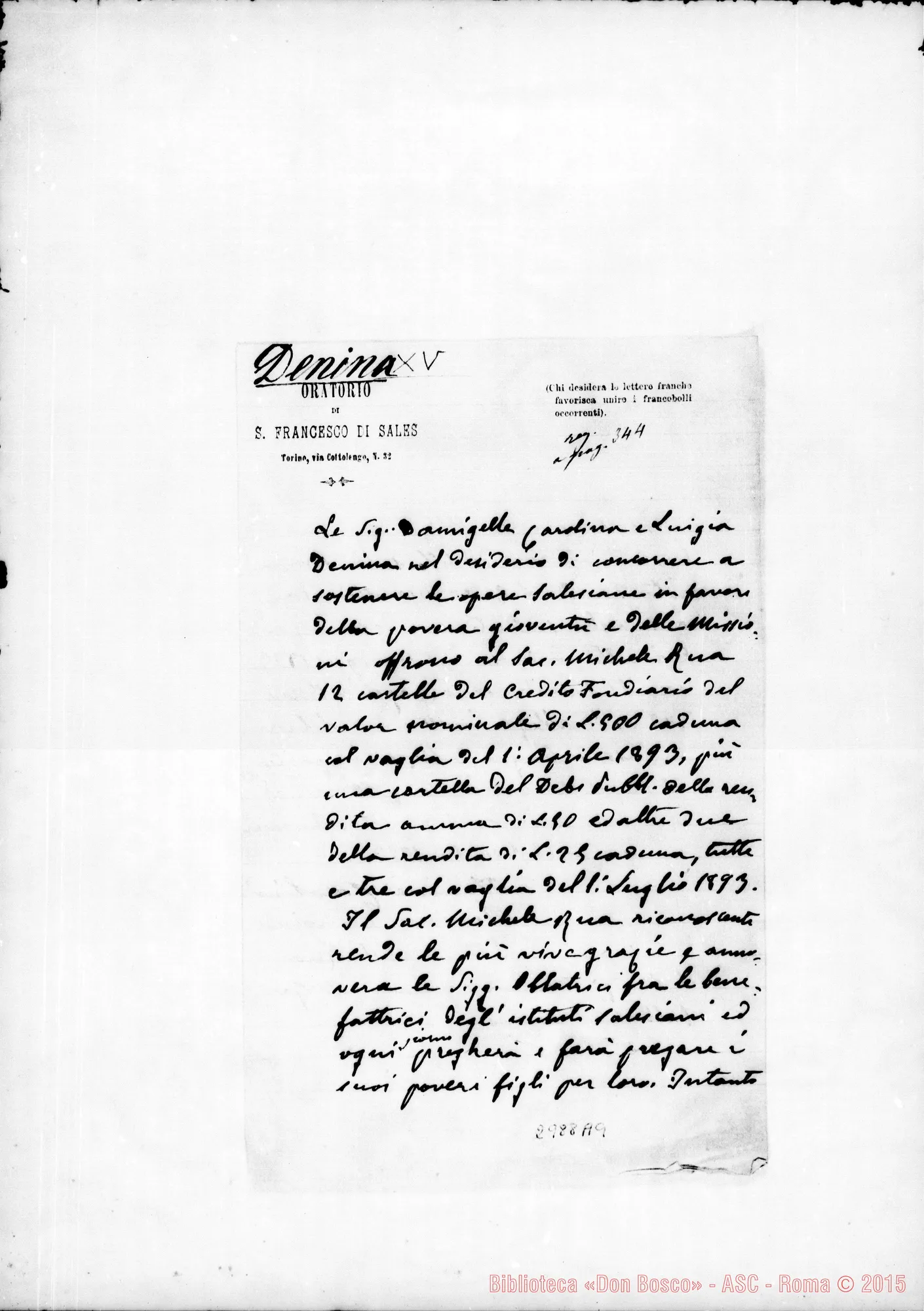 Fotogramma A 9 — Denina Carolina E Luigia: Per concorrere alle opere salesiane. Ms. autogr. Rua