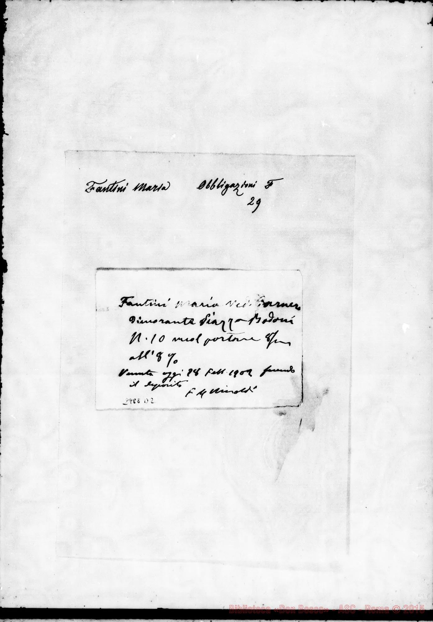 Fotogramma D 2 — Fantini Maria: Deposito. Ms. autogr. Rua E Rinaldi. Feb.1902
