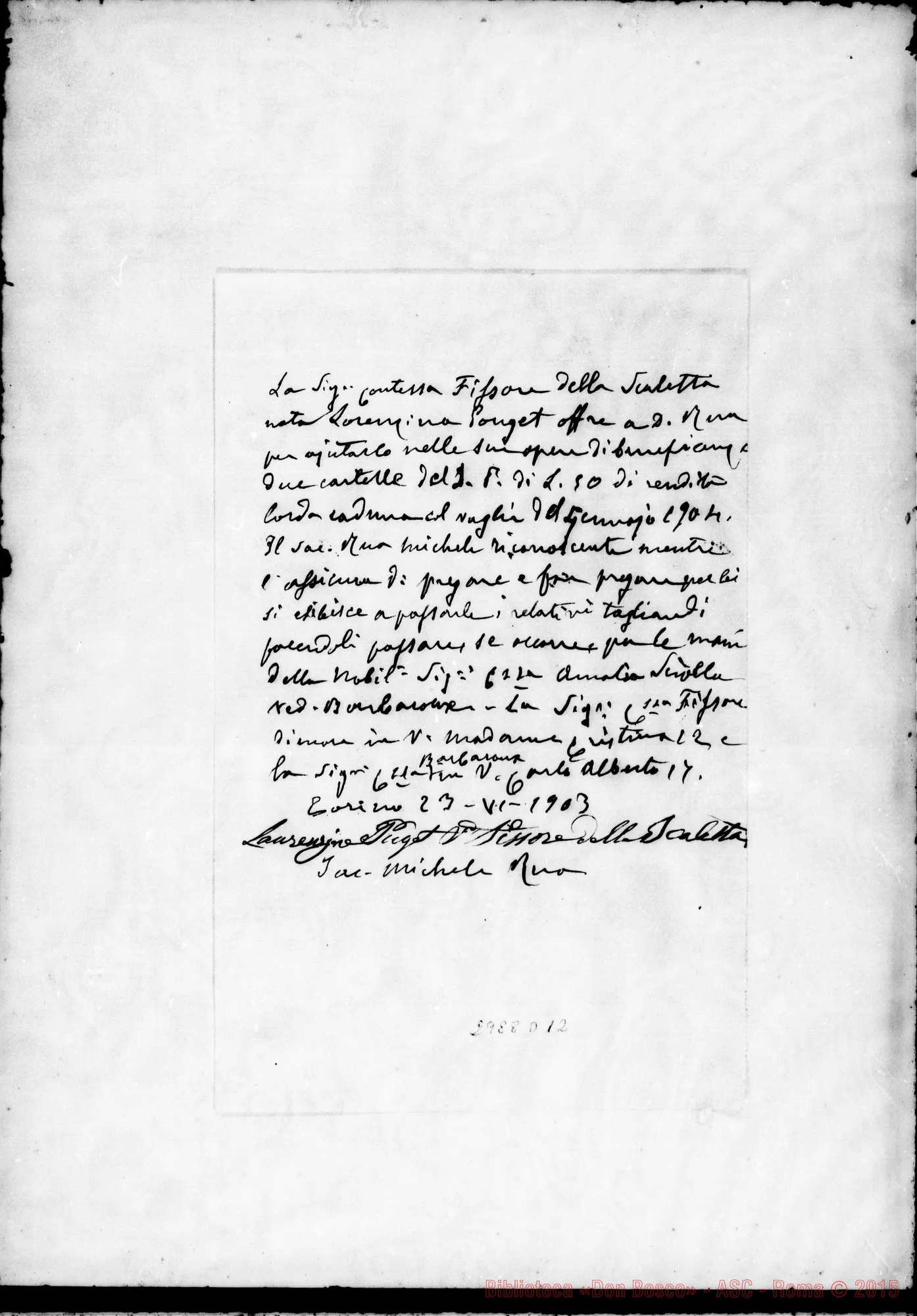 Fotogramma D 12 — Fissore Lorenzina, contessa: Aiuti all’opera salesiana. Ms. autogr. Rua. 23-06-1903