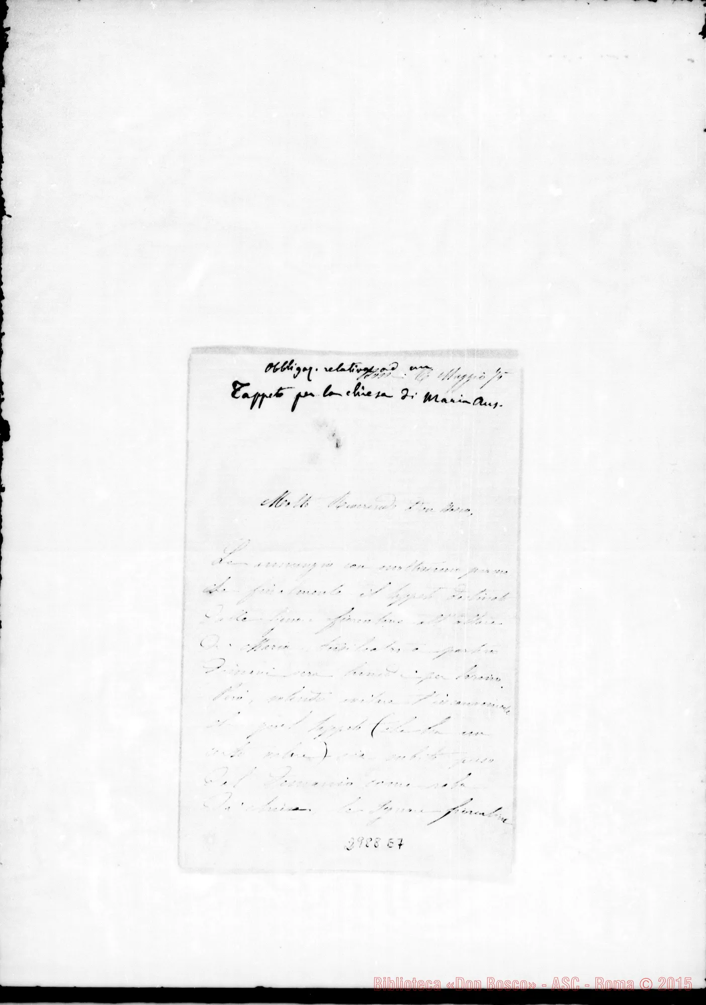 Fotogramma E 7 — Fondi Maria: Per tappeto. Lettera A D. Bosco. Autogr. Rua. Mag. 1875