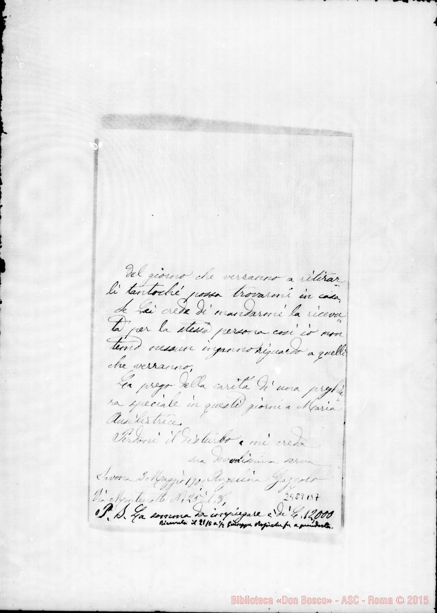 Fotogramma B 7 — Gazzolo Angelina: Somma da impiegare: Lettera A D. Rua. Autogr. Rua. 3-05-1902