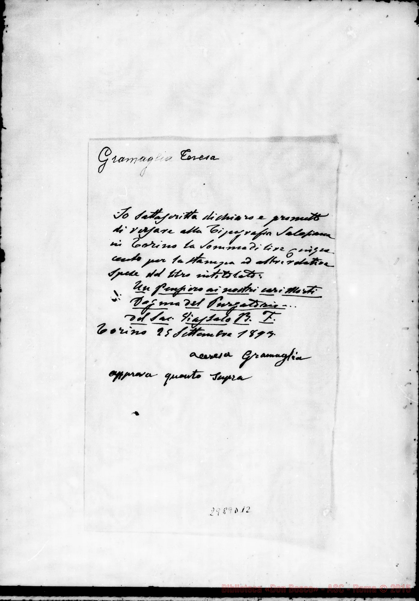 Fotogramma D 12 — Sottoscrizione di Teresa Gramaglia. Torino, 1897