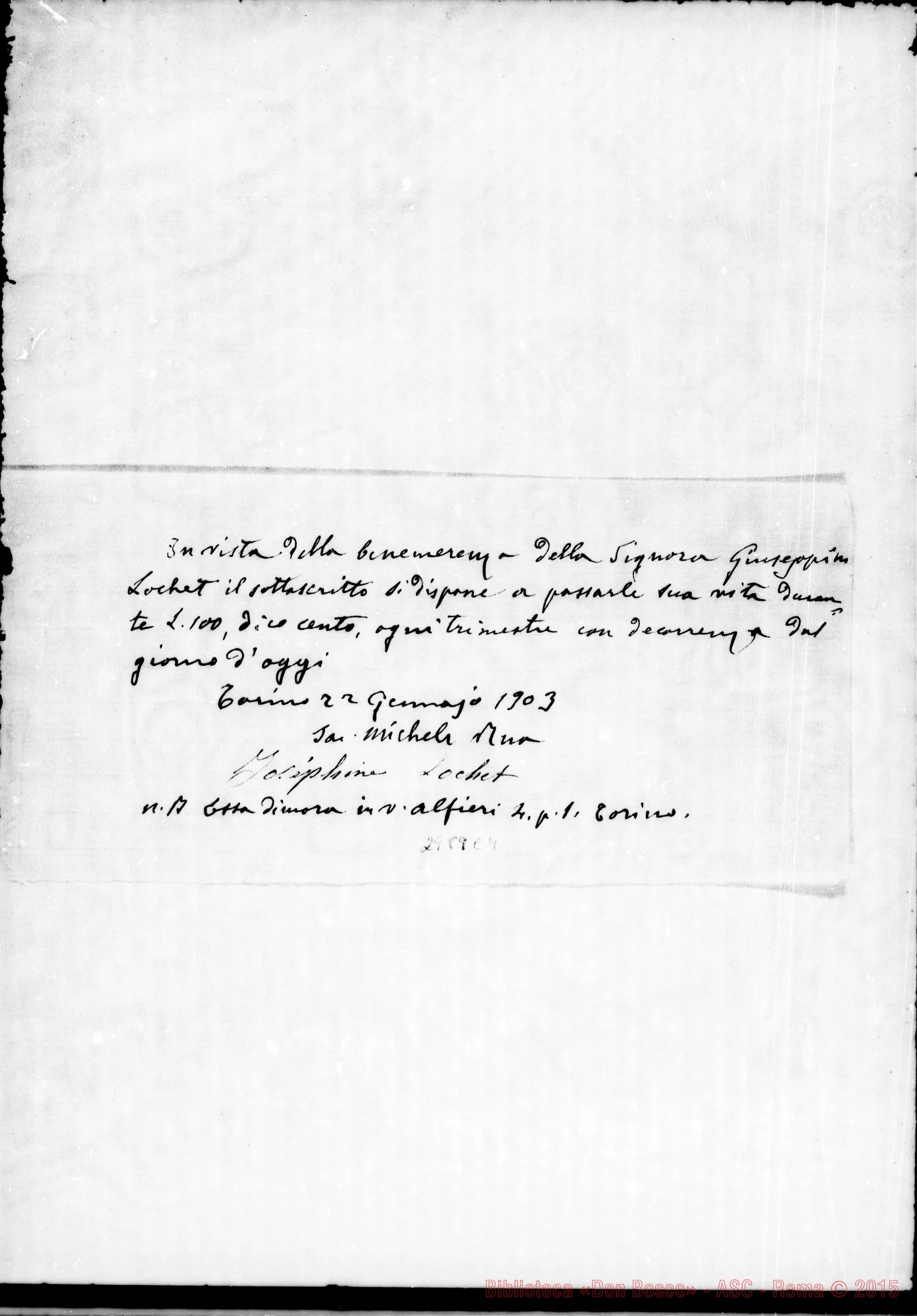 Fotogramma E 4 — Lochet Giuseppina: Per benemerenze. Ms. autogr. Rua. Gen.1893