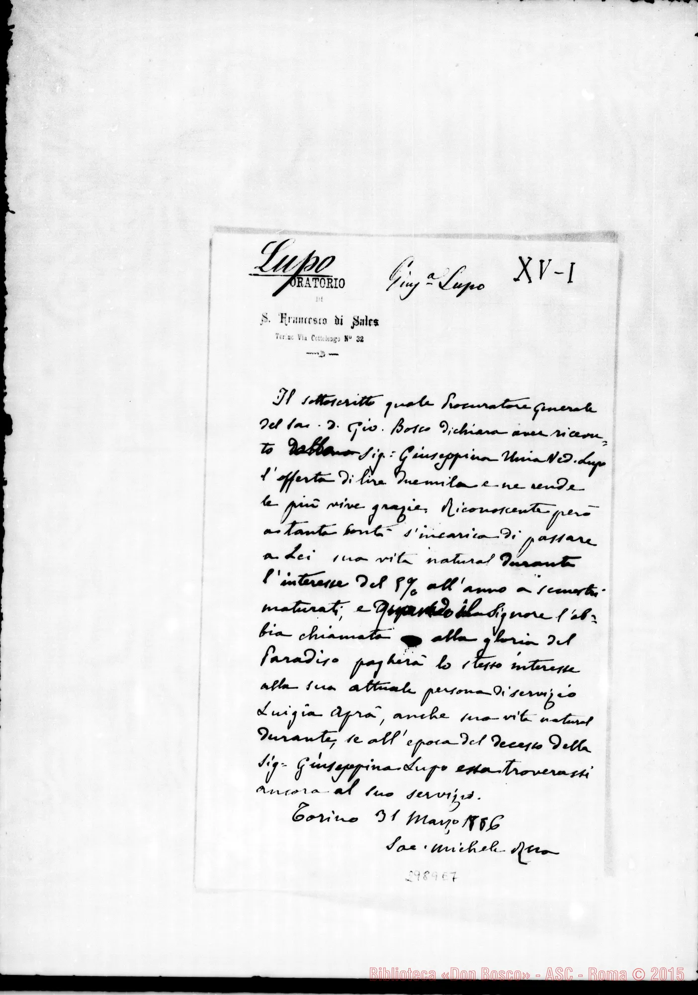 Fotogramma E 7 — Lupo Giuseppina: Ricevuta. Due minute ms. autogr. Rua. Mar. 1886