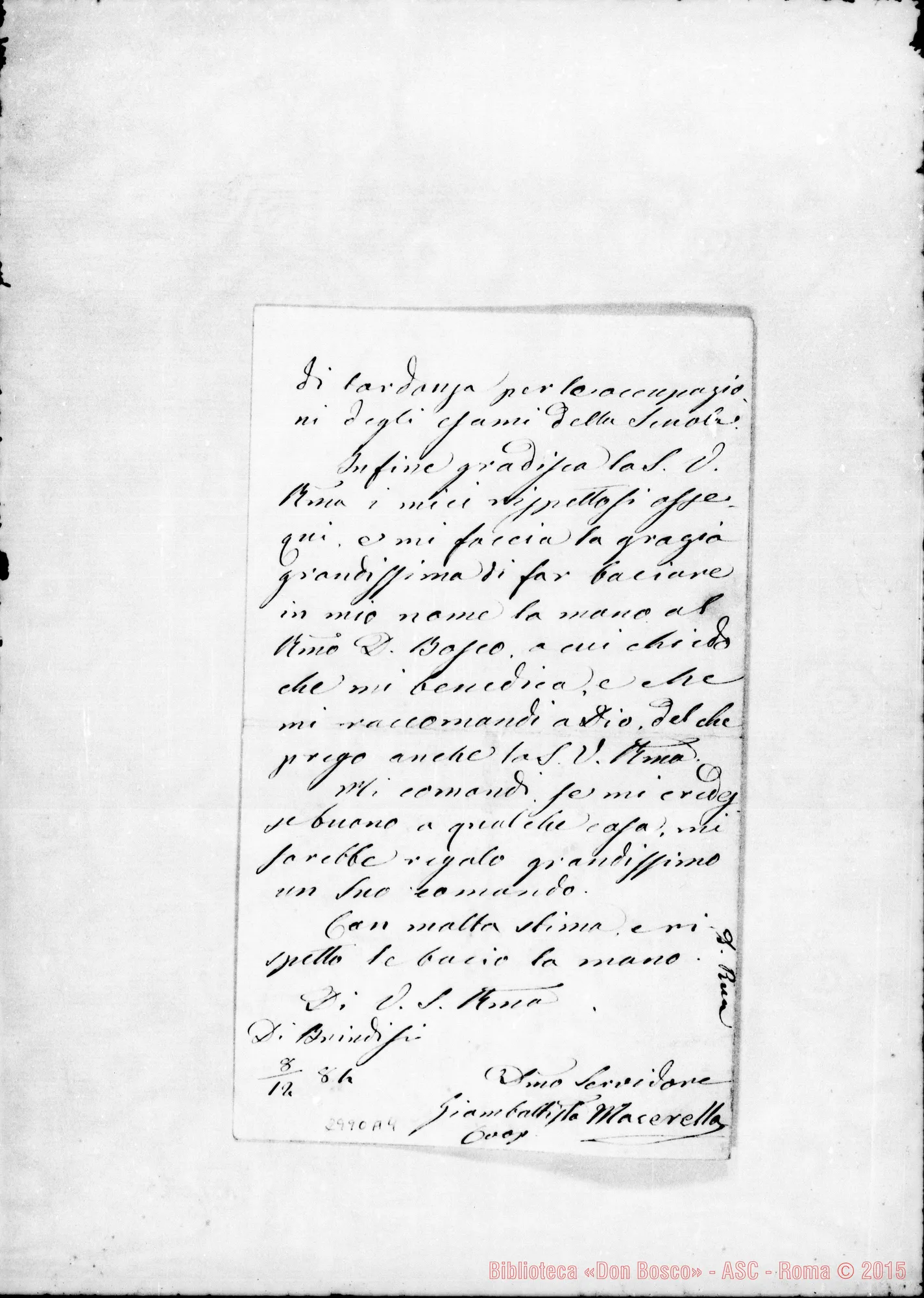 Fotogramma A 4 — Macerella Giambattista: Lettera A Rev.do Signore. Brindisi, Die. 1884. Autogr. Rua