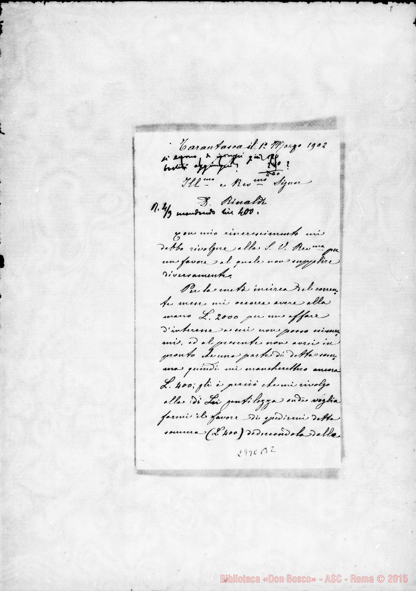 Fotogramma B 2 — Lettera A D. Rinaldi. Mar. 1902. Autogr. Rinaldi