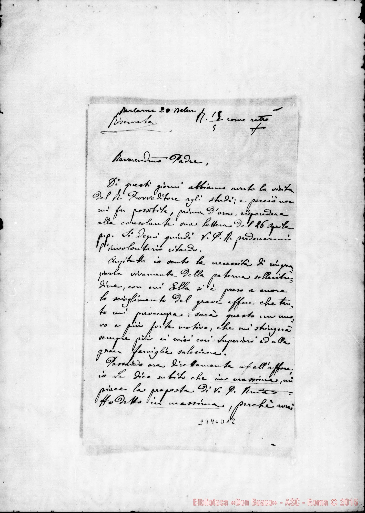 Fotogramma D 12 — Mossetto sac. - Rev.mo Padre. Bronte, 1893. Autogr. Rua