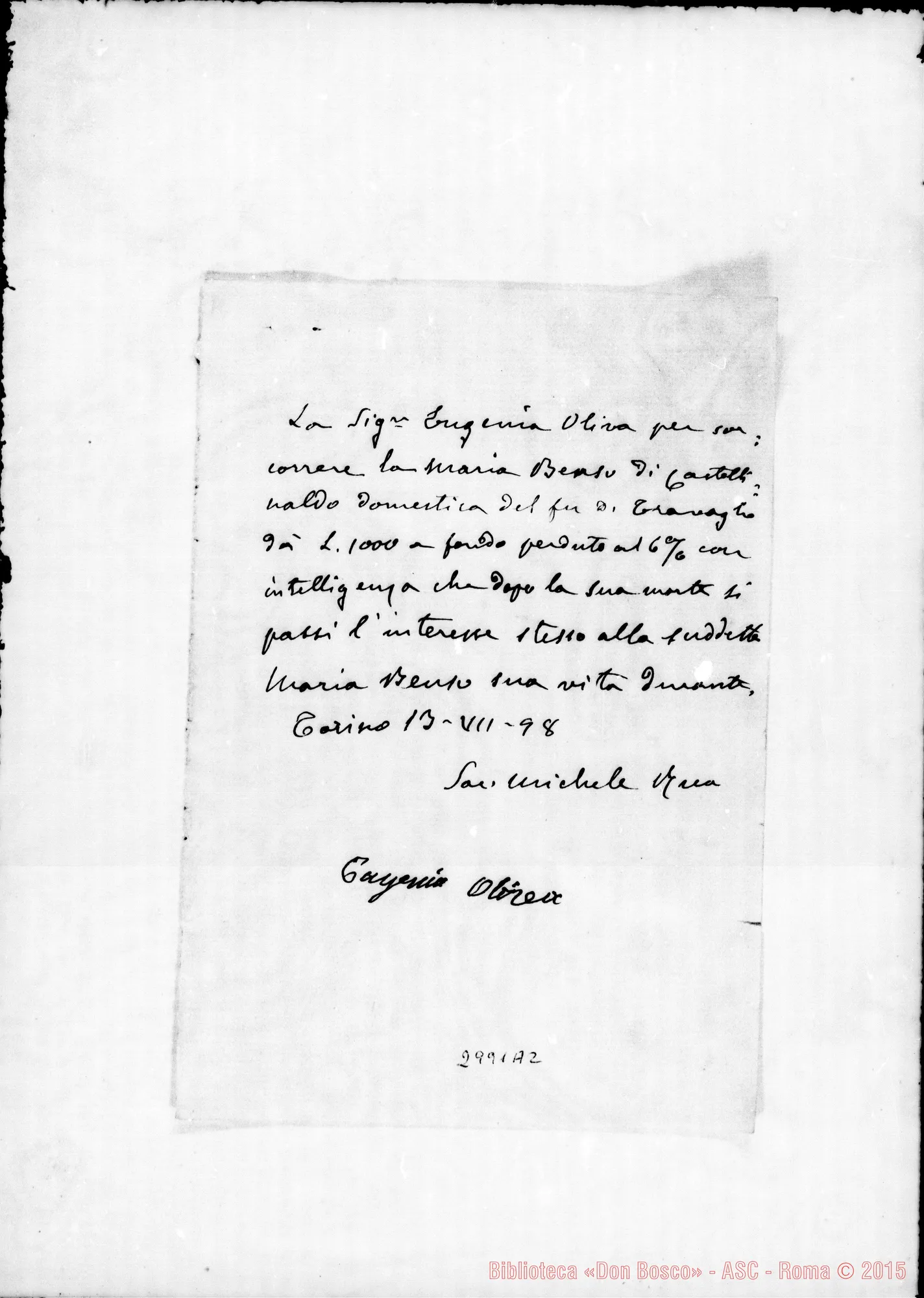 Fotogramma A 2 — Oliva Eugenia: Per concorrere alle opere salesiane. Ms. autogr. Rua. Lug.1898