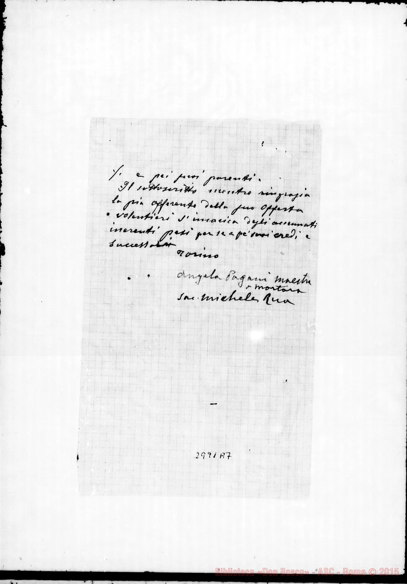 Fotogramma A 7 — Pagani Giuseppa, maestra: Per suffragi dopo la morte. Torino, 1906. Firma autogr. Rua