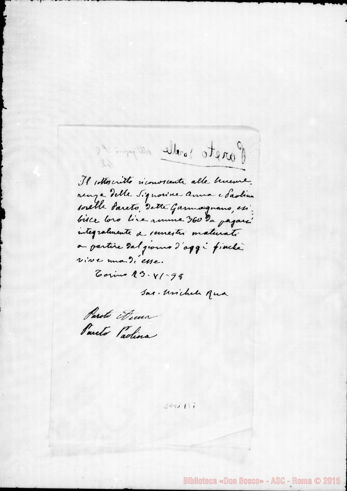 Fotogramma B 7 — Pareto, sorelle: Per benemerenze. Ms. autogr. Rua. Giù. 1898