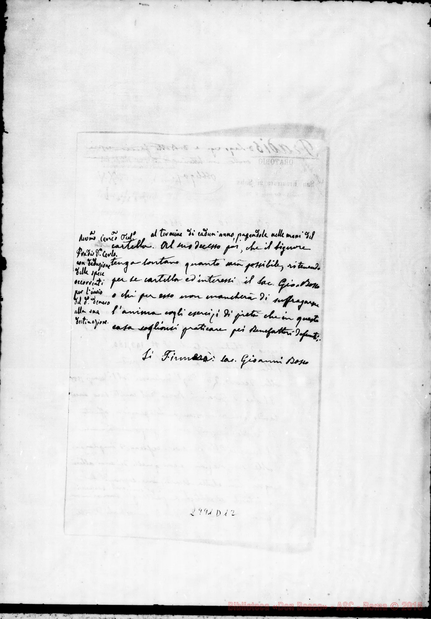 Fotogramma D 12 — Pradis Carlo, can.: Per le opere salesiane. Ms. autogr. Rua. Torino, 23-10-1884