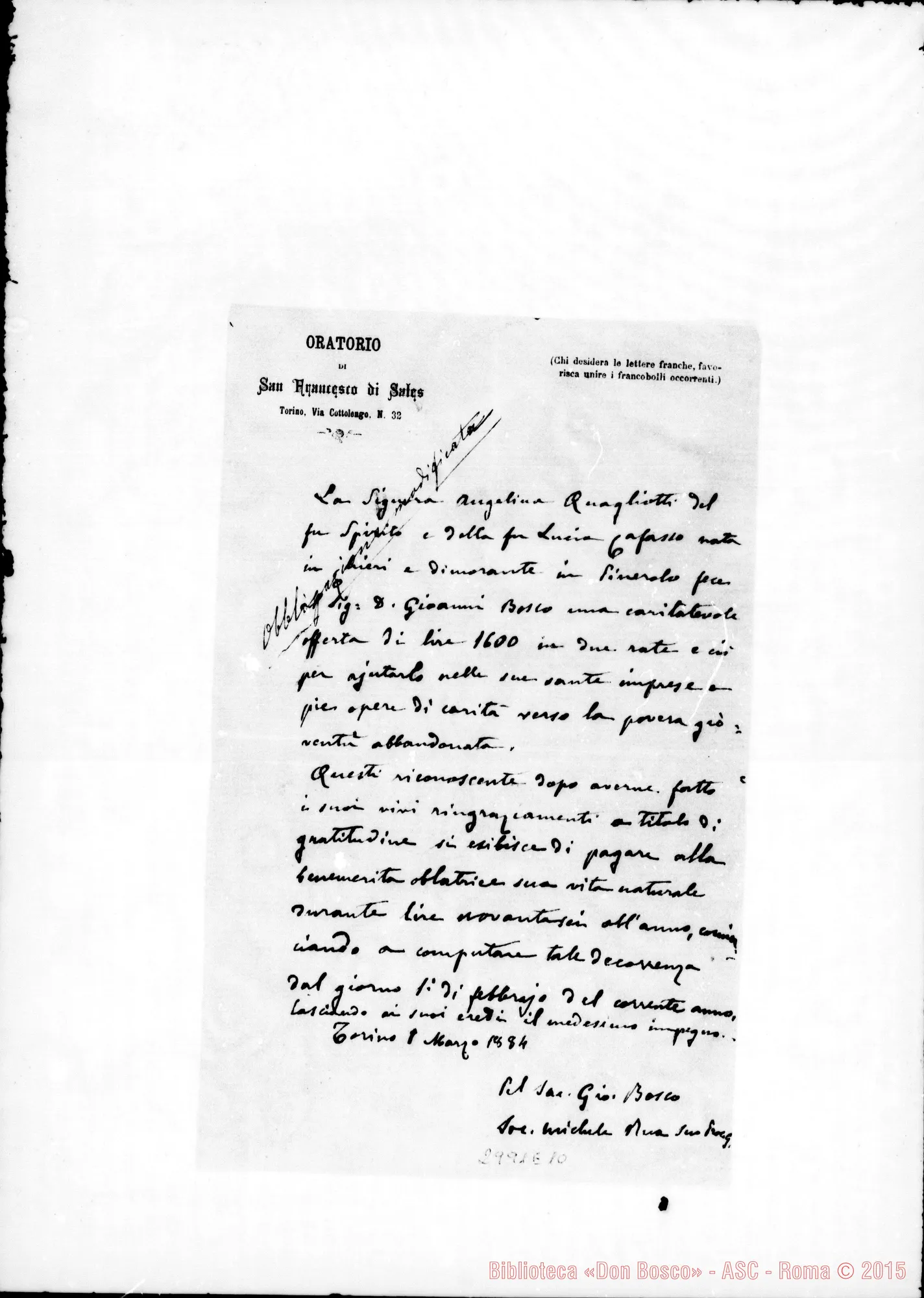 Fotogramma E 10 — Quagliotti Angelina: Per offerta A D. Bosco. Ms. autogr. Rua. Mar. 1884