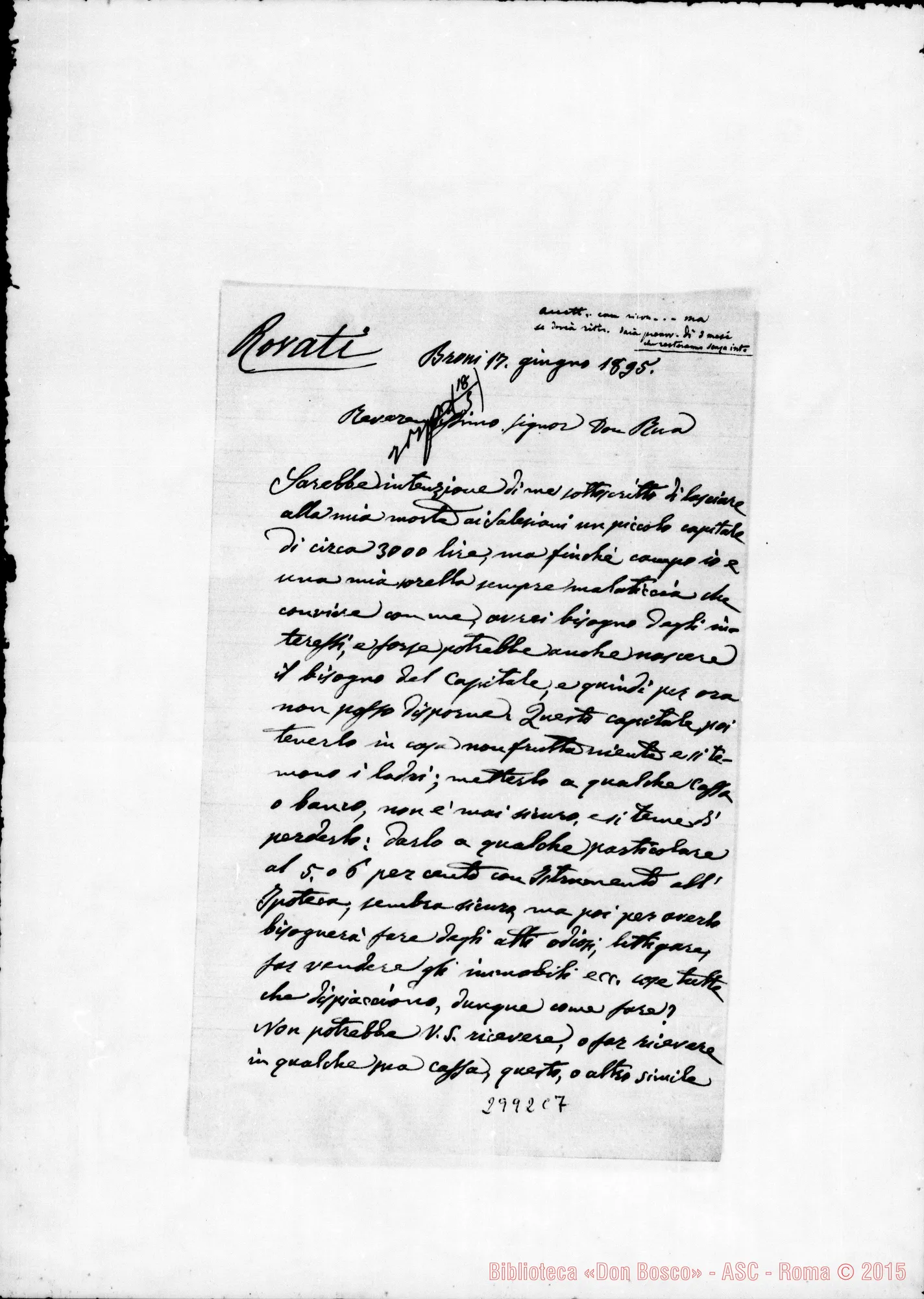 Fotogramma C 7 — Rovati D. Giuseppe: Lettera A D. Rua. Broni, 17-06-1895