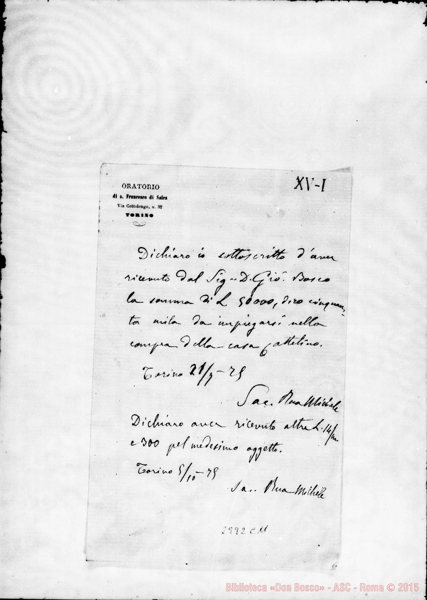 Fotogramma C 11 — Rua Michele: Dichiarazione di ricevuta. Ms. autogr. Rua. Lug.1875
