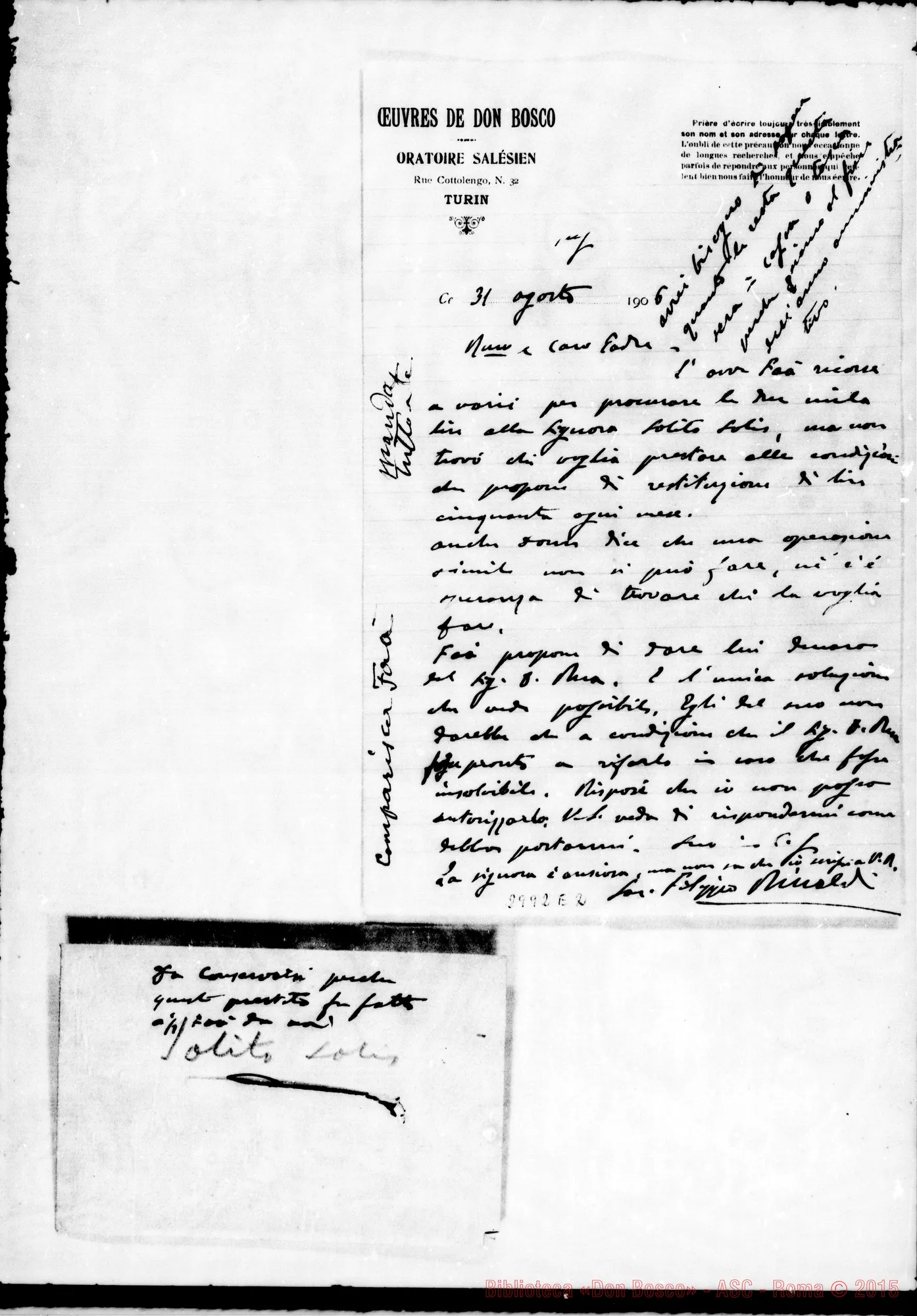 Fotogramma E 2 — D. Rinaldi - D. Rua. Lettera ms. autogr. Rinaldi E autogr. Rua. Ago. 1906
