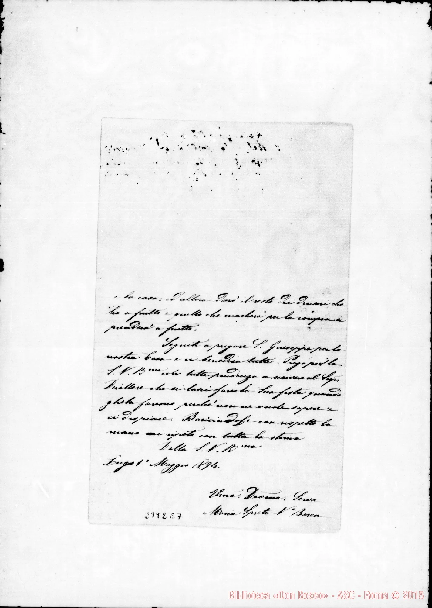 Fotogramma E 7 — Spreti Borea Maria: Lettera A Ill.mo Signore. Autogr. Rua. Mag. 1894