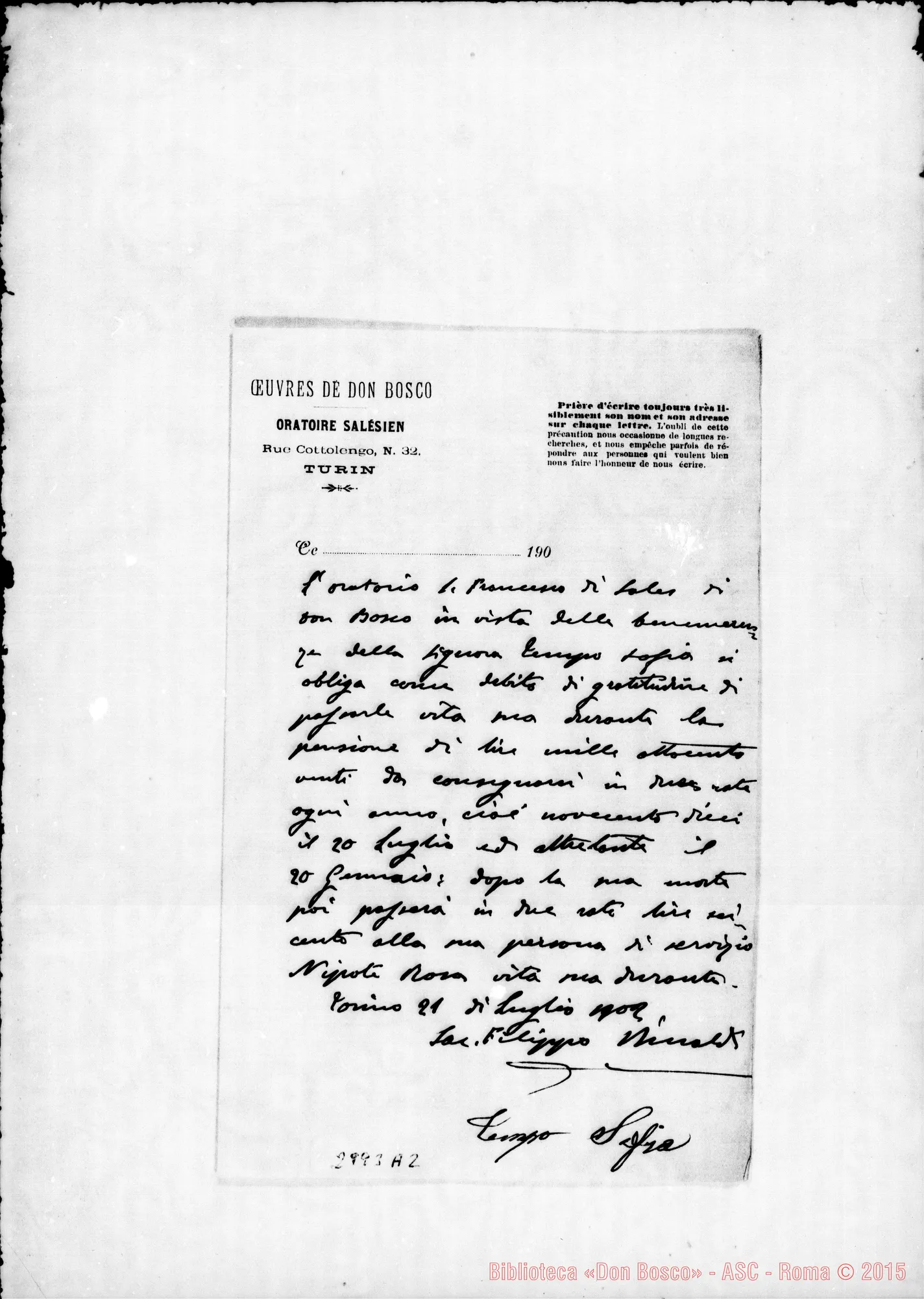 Fotogramma A 2 — Tempo Sofia: Per benemerenze. Ms. autogr. Rinaldi. Lug. 1902