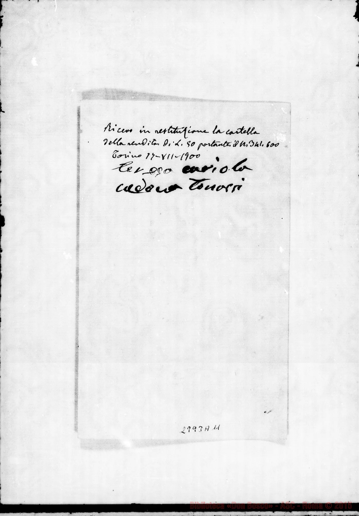 Fotogramma A 11 — Tonassi Teresa: Deposito da fare. Postilla autogr. Rua. Lug.1900