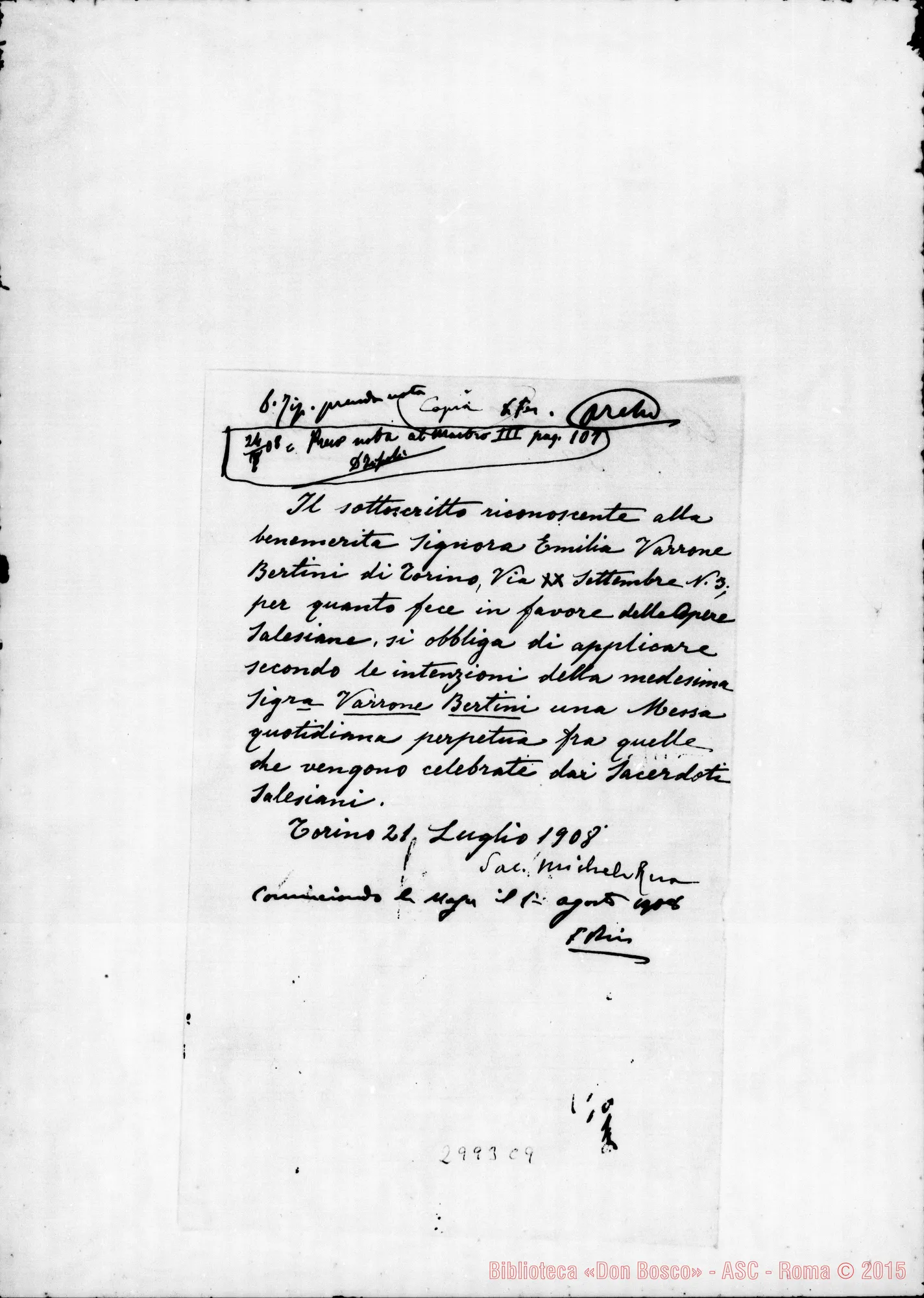 Fotogramma C 9 — Varrone Emilia: Sottoscrizione di D. Rua con firma autogr.. Autogr. Rinaldi