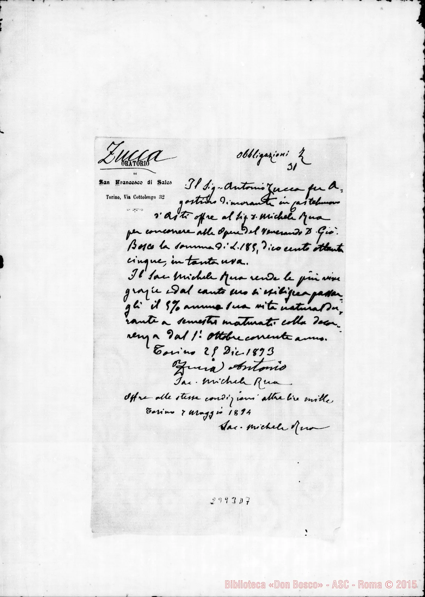 Fotogramma D 7 — Zucca Antonio: Offerta per le opere salesiane. Ms. autogr. Rua. Die. 1893