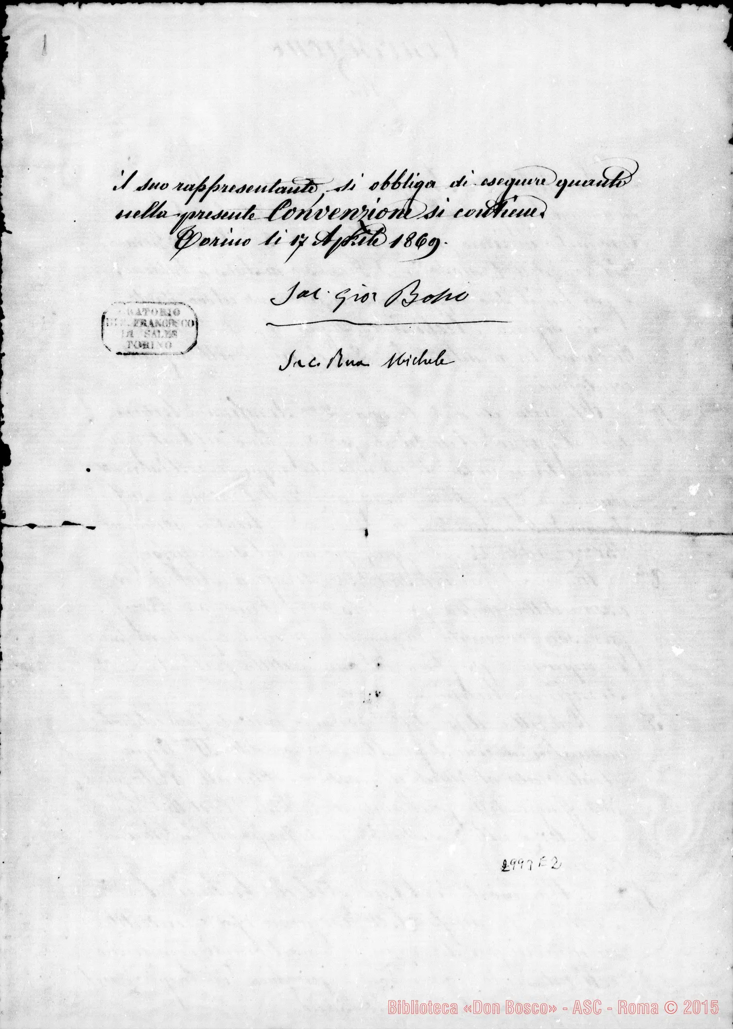 Fotogramma E 2 — Archini Serafina: Convenzione con D. Bosco. Firma autogr. Bosco E Rua. Apr. 1869