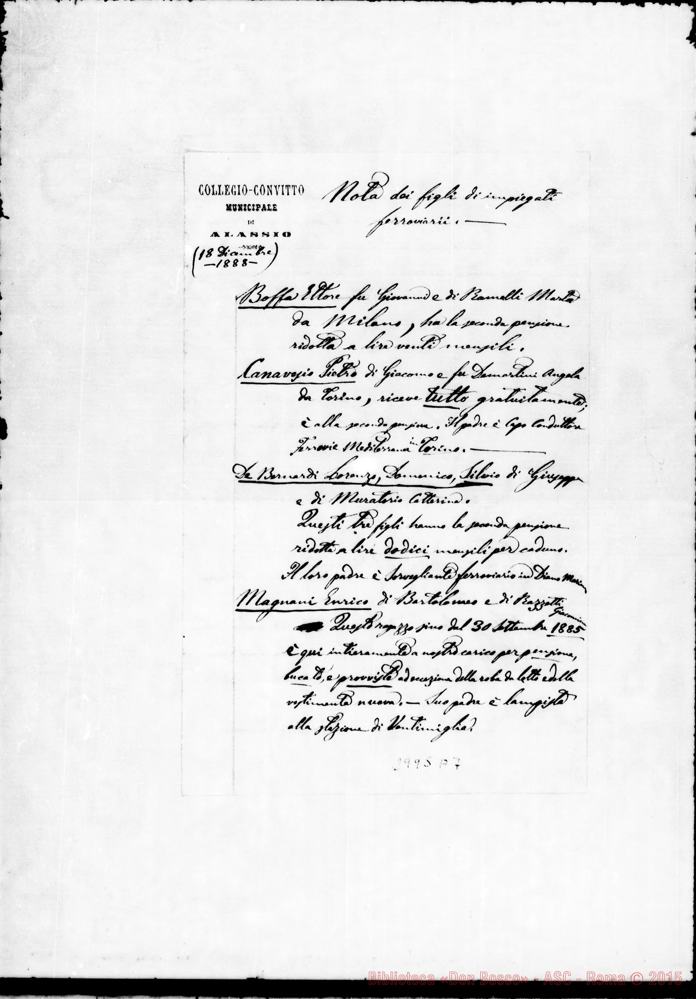 Fotogramma A 7 — 18-12 Collegio Convitto di Alassio: Nota dei figli di impiegati ferroviari