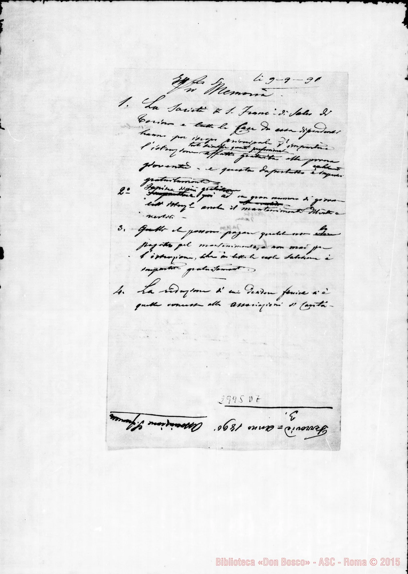 Fotogramma D 7 — 9 -09 Promemoria. Ms. con alcune correzioni autogr. Rua