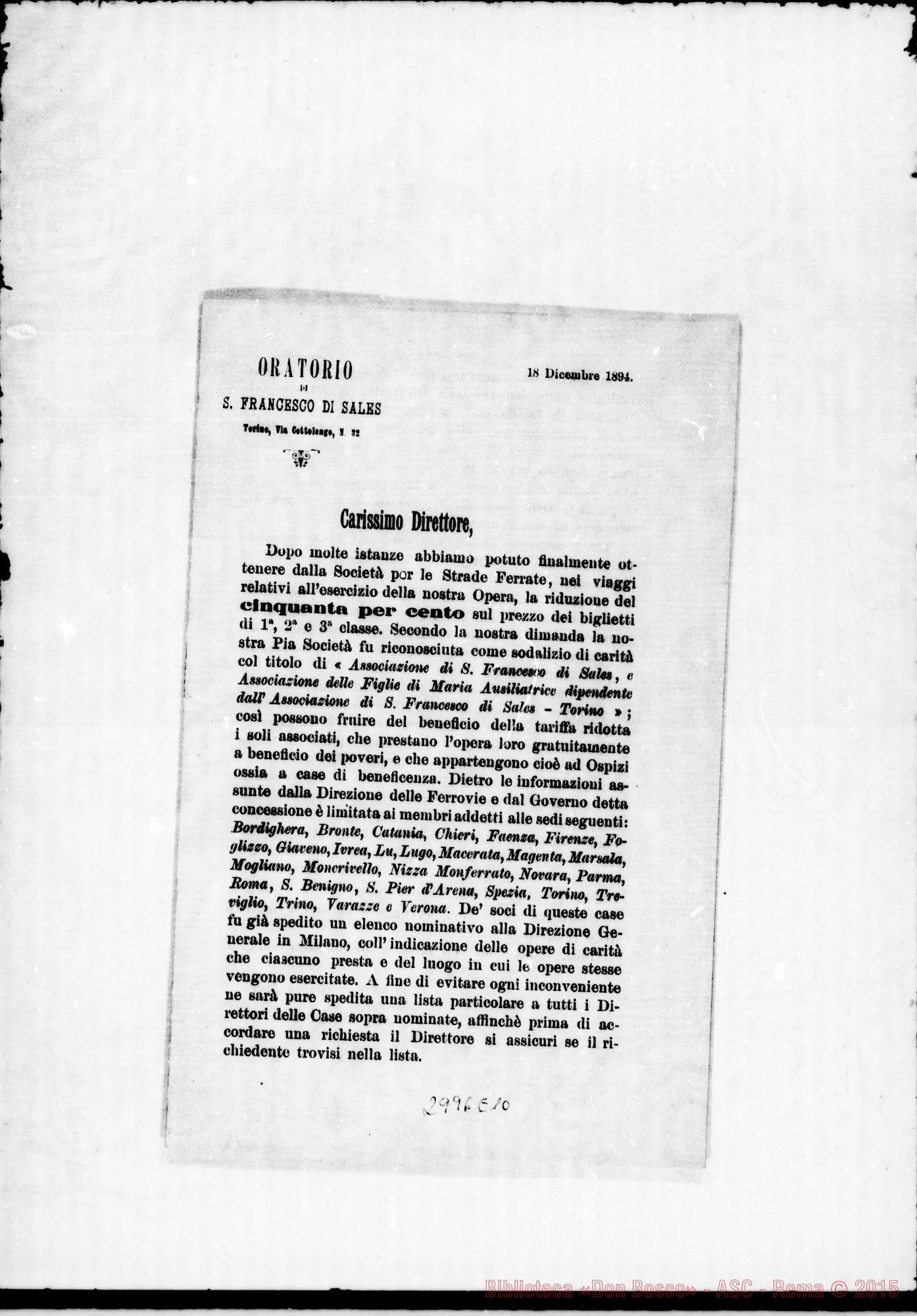 Fotogramma E 10 — 18-12 Lettera circolare di D. Rua ai Direttori Salesiani. Stampato