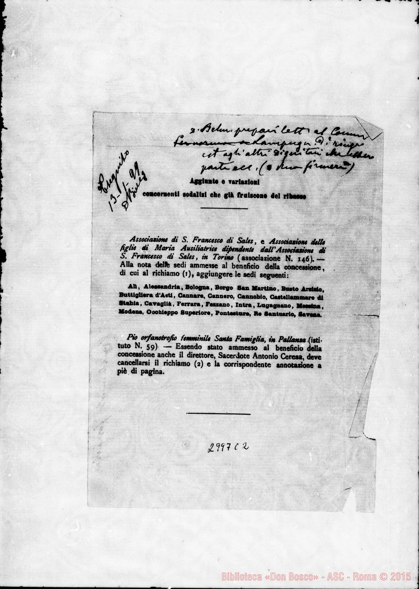 Fotogramma C 2 — 1899: 13-01 Aggiunte E variazioni. Stampato. Autogr. Rua