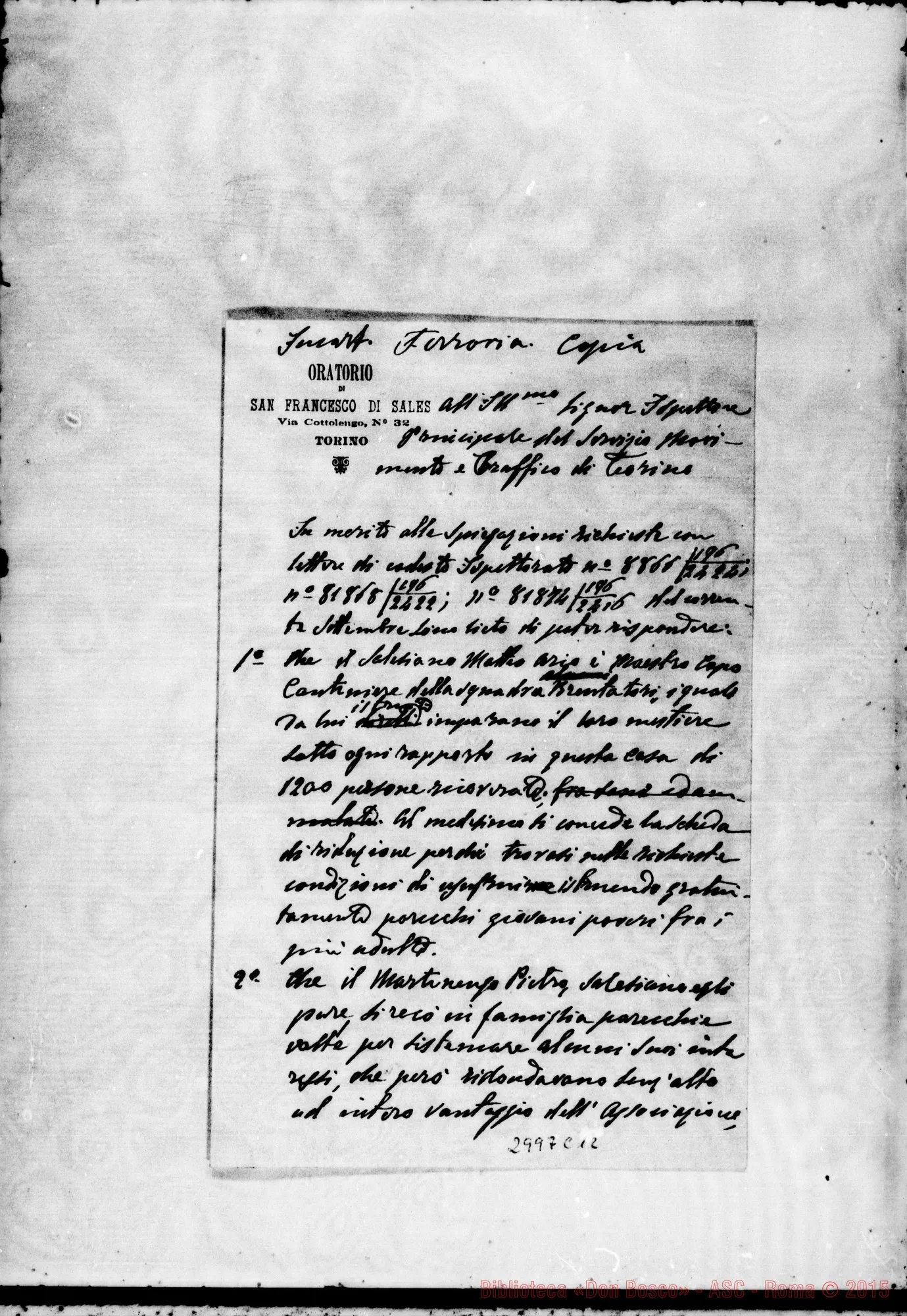 Fotogramma C 12 — 17-09 D. Belmonte - Movimento E Traffico. Minuta di lettera
