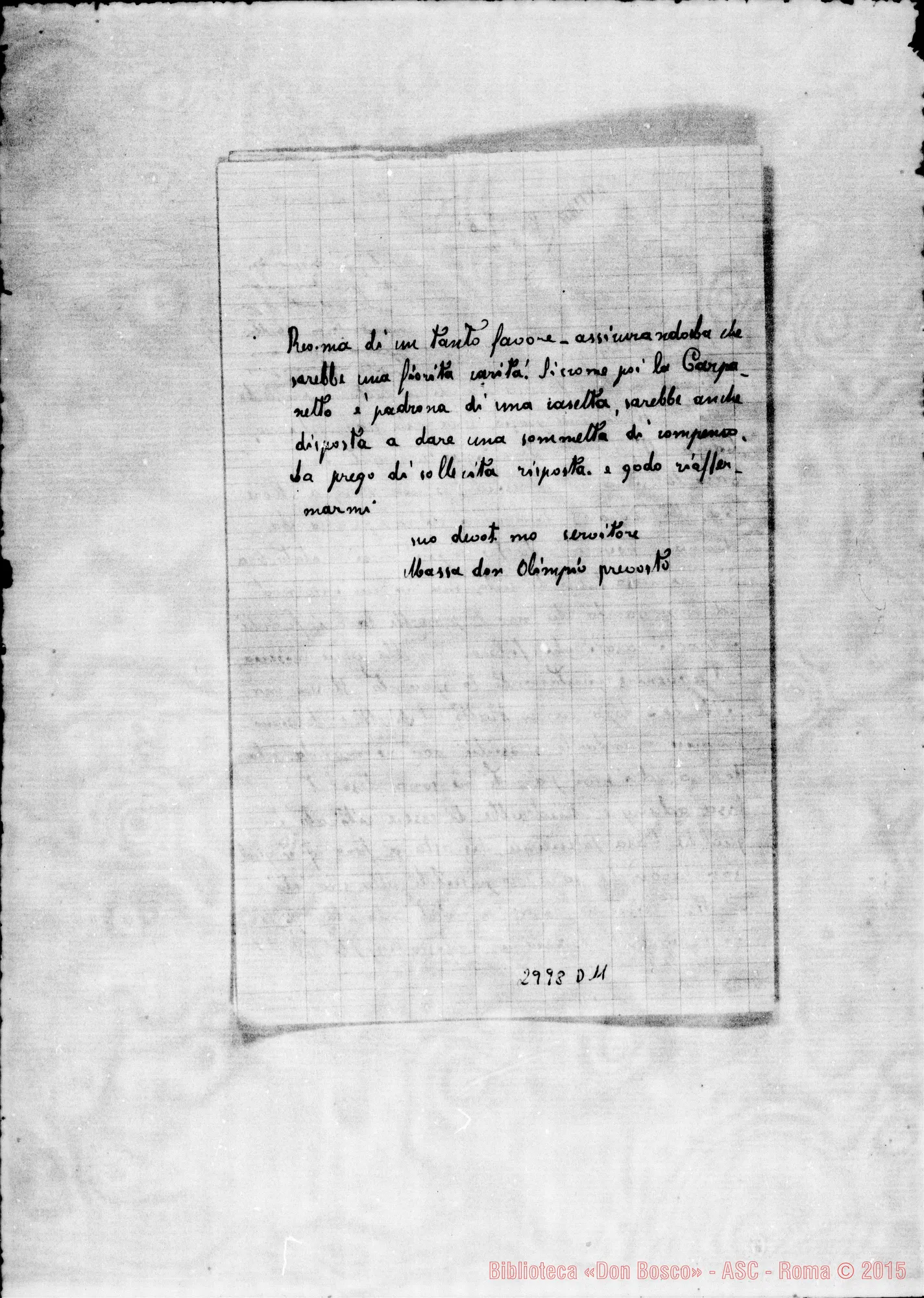 Fotogramma D 11 — Carpanetto, signora: Massa D. Olimpio - Rev.mo Signore. Autogr. Rua E Rinaldi. Fontanetto Po, 27-02-1905