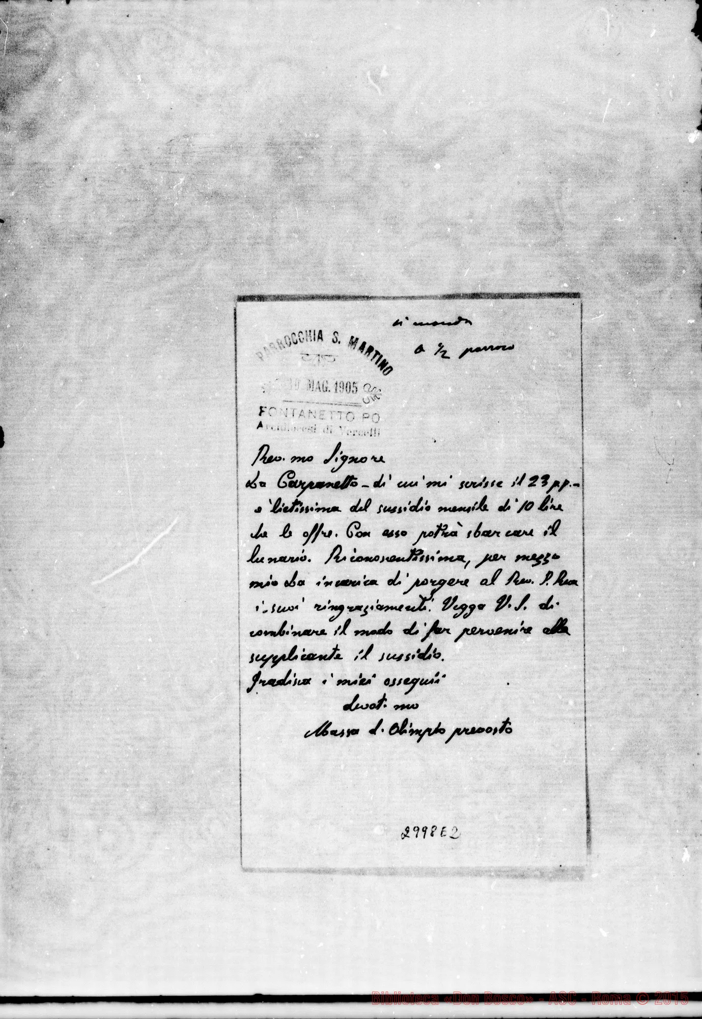 Fotogramma E 2 — Massa D. Olimpio - Rev.mo Signore. Autogr. Rinaldi. Fontanetto Po, s.d.