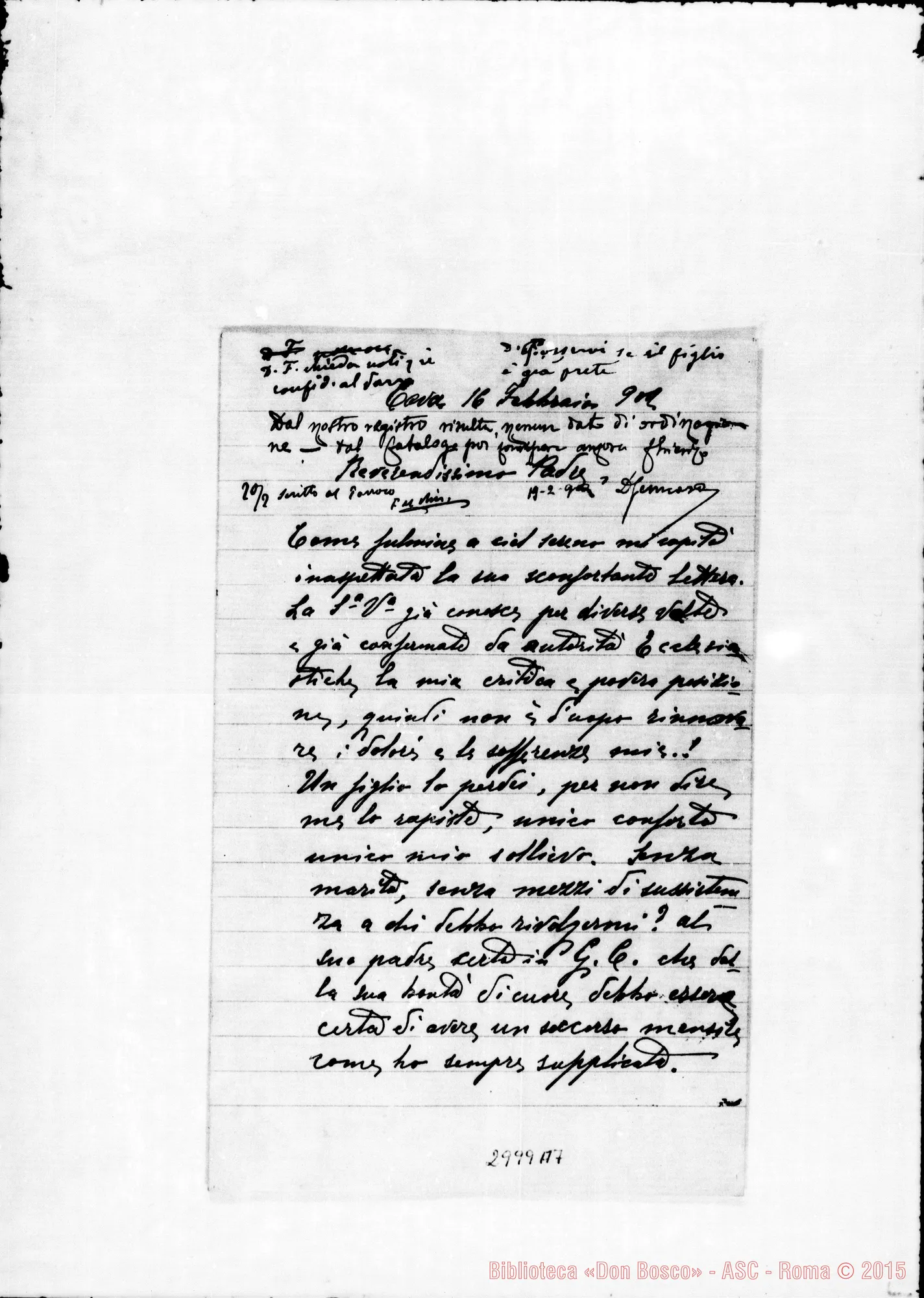 Fotogramma A 7 — Falcone Giuditta - Rev.mo Padre. Autogr. Rua E Rinaldi. Cava dei Tirreni, 16-02-1902