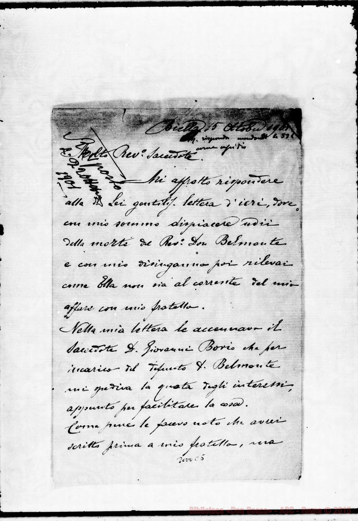 Fotogramma C 5 — Scamuzzi Maria - Molto Rev.do Sacerdote. Autogr. Rinaldi. Biella, 15-10-1901