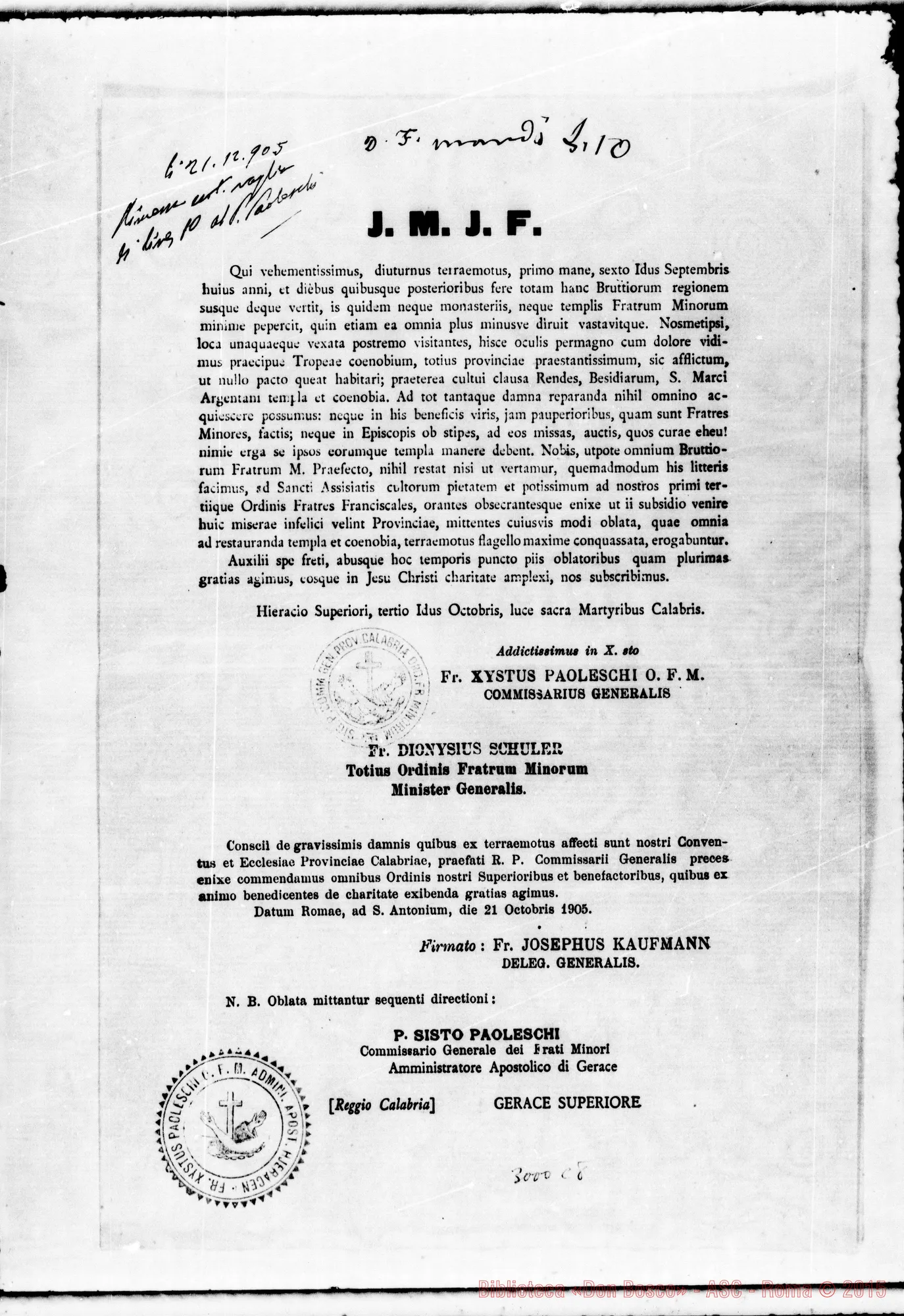 Fotogramma C 8 — Schuler Dionysius, Fr., Minister Generalis F.M.. Autogr. Rua. Roma, 13-10-1905