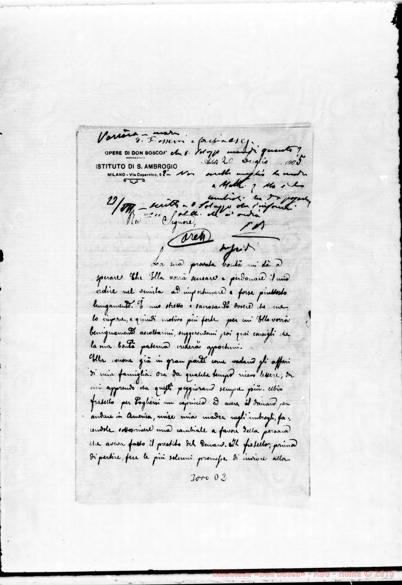 Fotogramma D 2 — Variara Celso - Rev.mo Signore. Autogr. Rua E Rinaldi. Milano, 20-07-1905