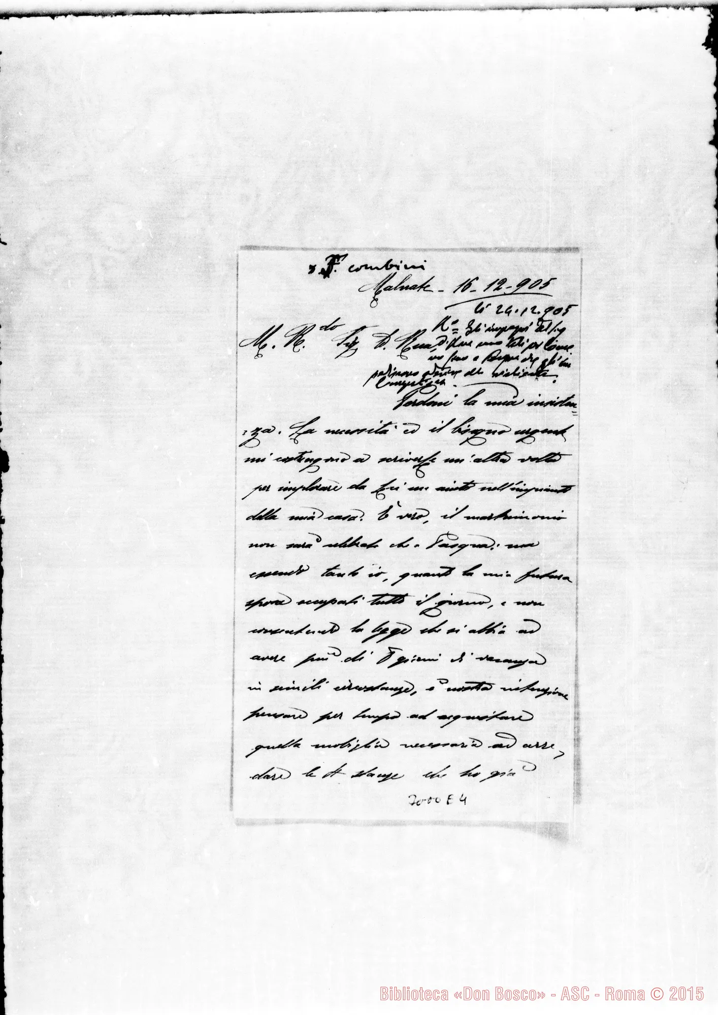 Fotogramma E 4 — Un Maestro Comunale da Malnate scrive A D. Rua. Autogr. Rua. Malnate, 16-12-1905