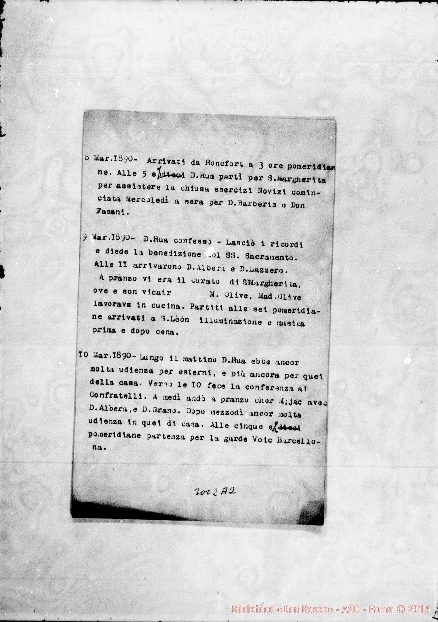 Fotogramma A 2 — Copia dattiloscritta dell’agenda di D. Lazzero