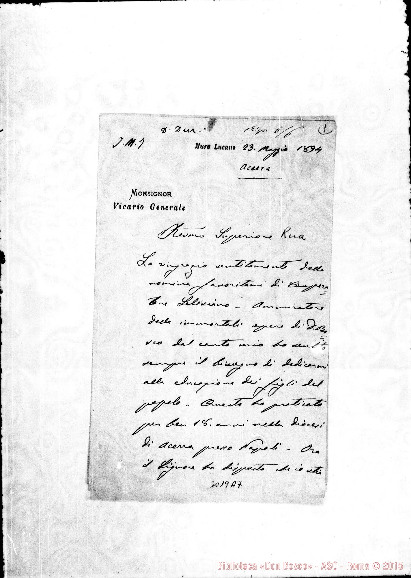 Fotogramma A 7 — Acerra (Napoli): Migliore D. Agostino, Mons. - D. Rua. Muro, L., 23-05-1894. Autogr. Rua