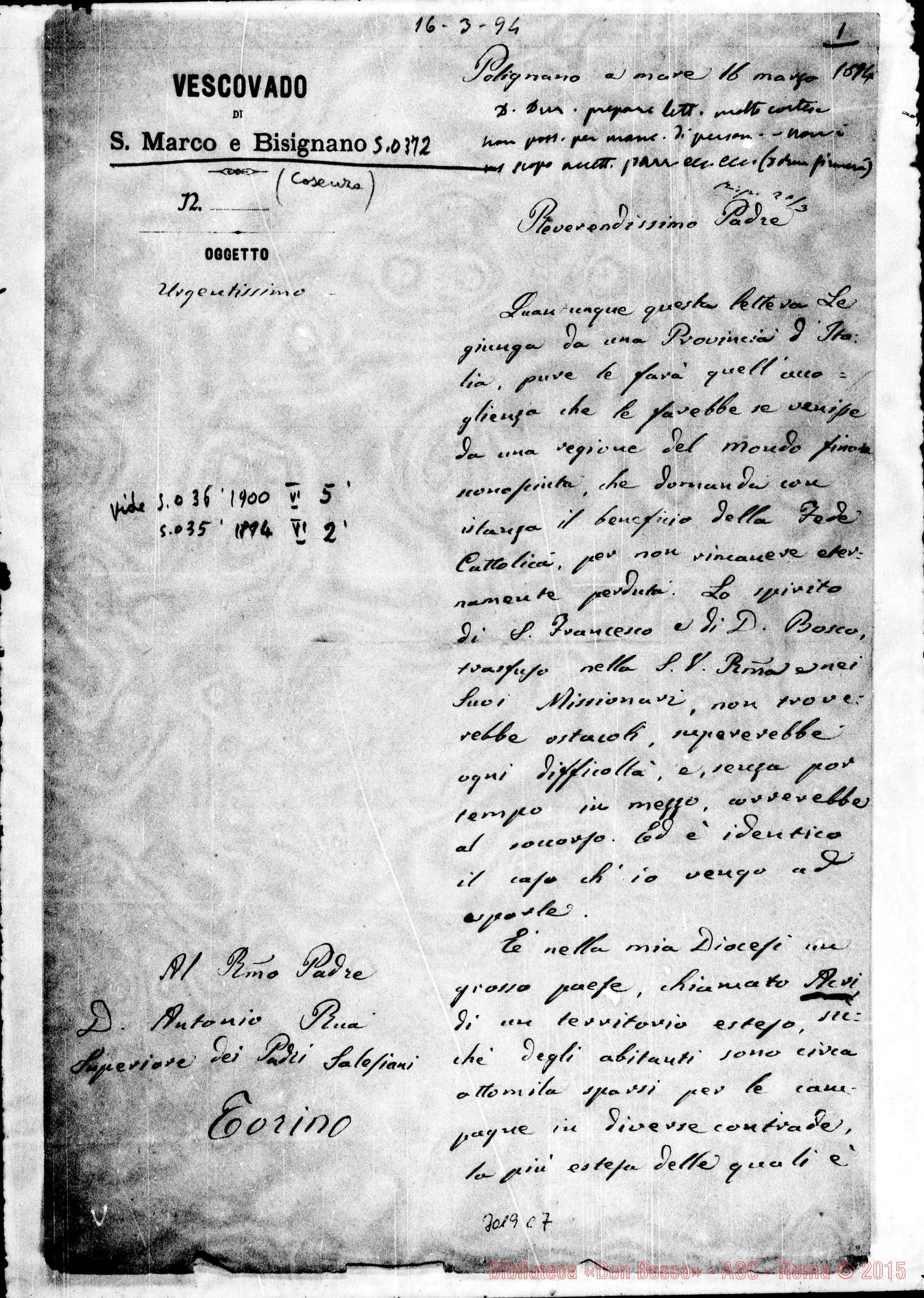 Fotogramma C 7 — Stanislao Maria di Luca, vesc. - Rev.mo Padre. Mar. 1894. Autogr. Rua