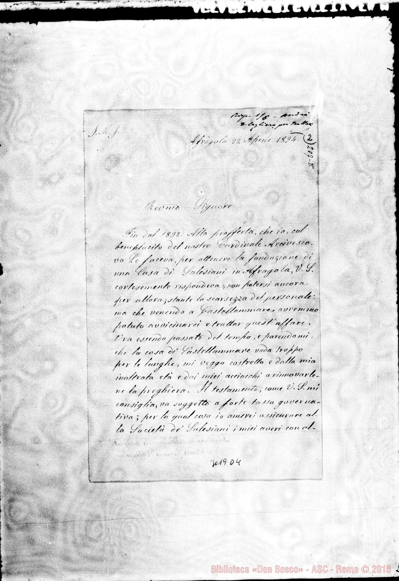 Fotogramma D 4 — Sebastiano Castaldi Tuccillo, arcipr. - Rev.do Signore. Apr. 1894