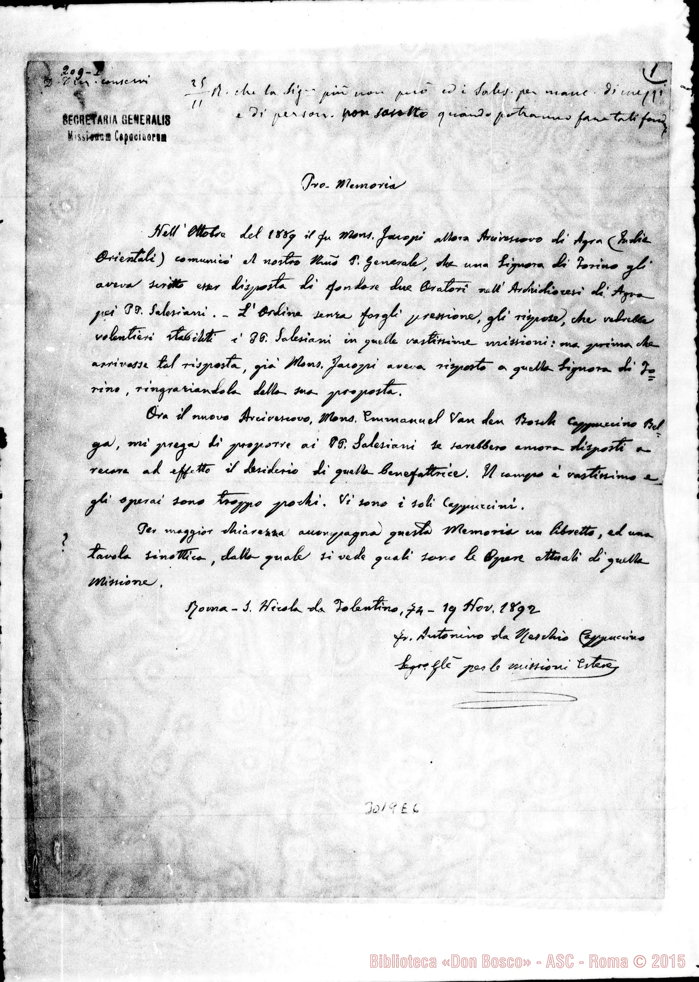 Fotogramma E 6 — Antonino da Reschio, delle Missioni Estere: Promemoria. Autogr. Rua